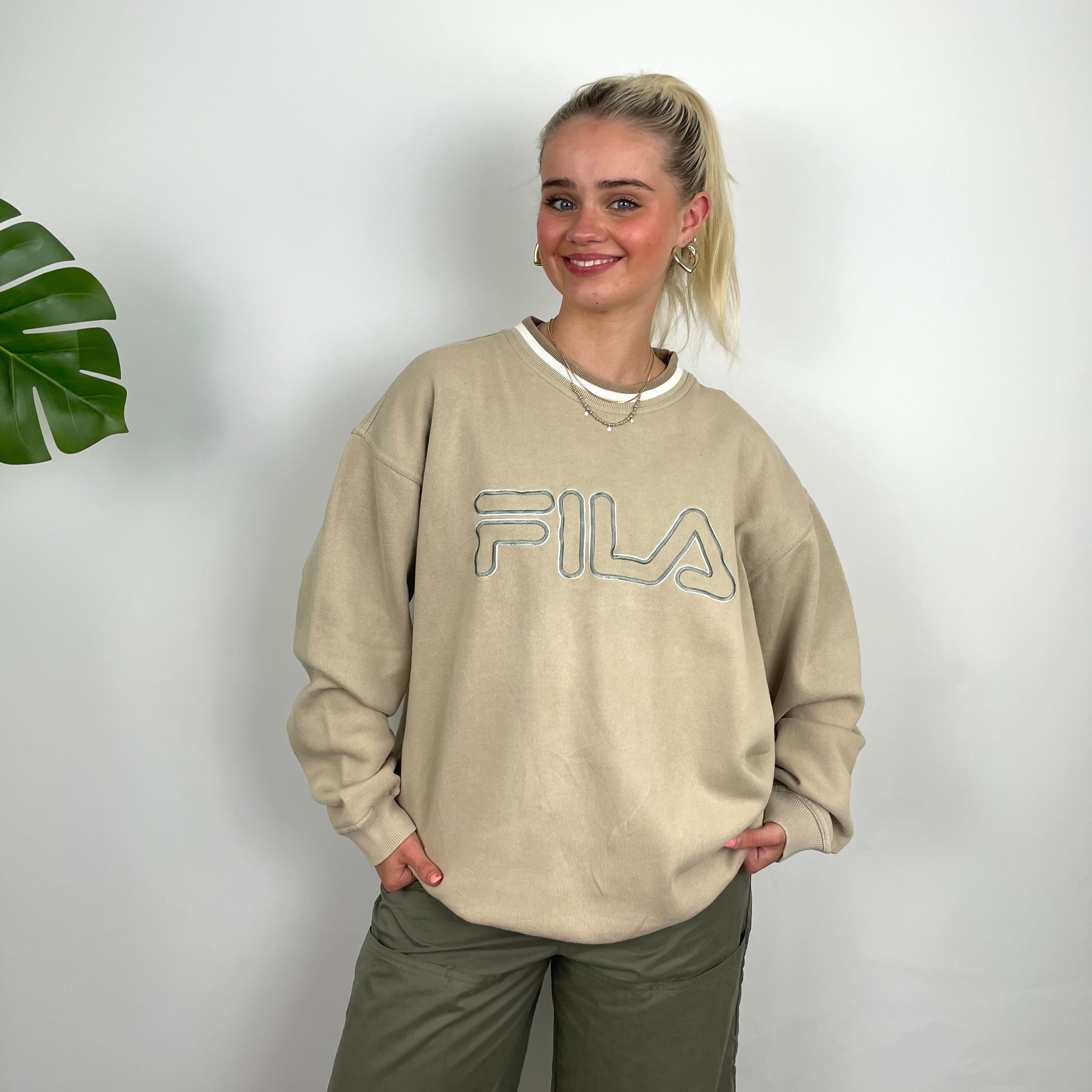 FILA Cream Embroidered Spell Out Sweatshirt (L)