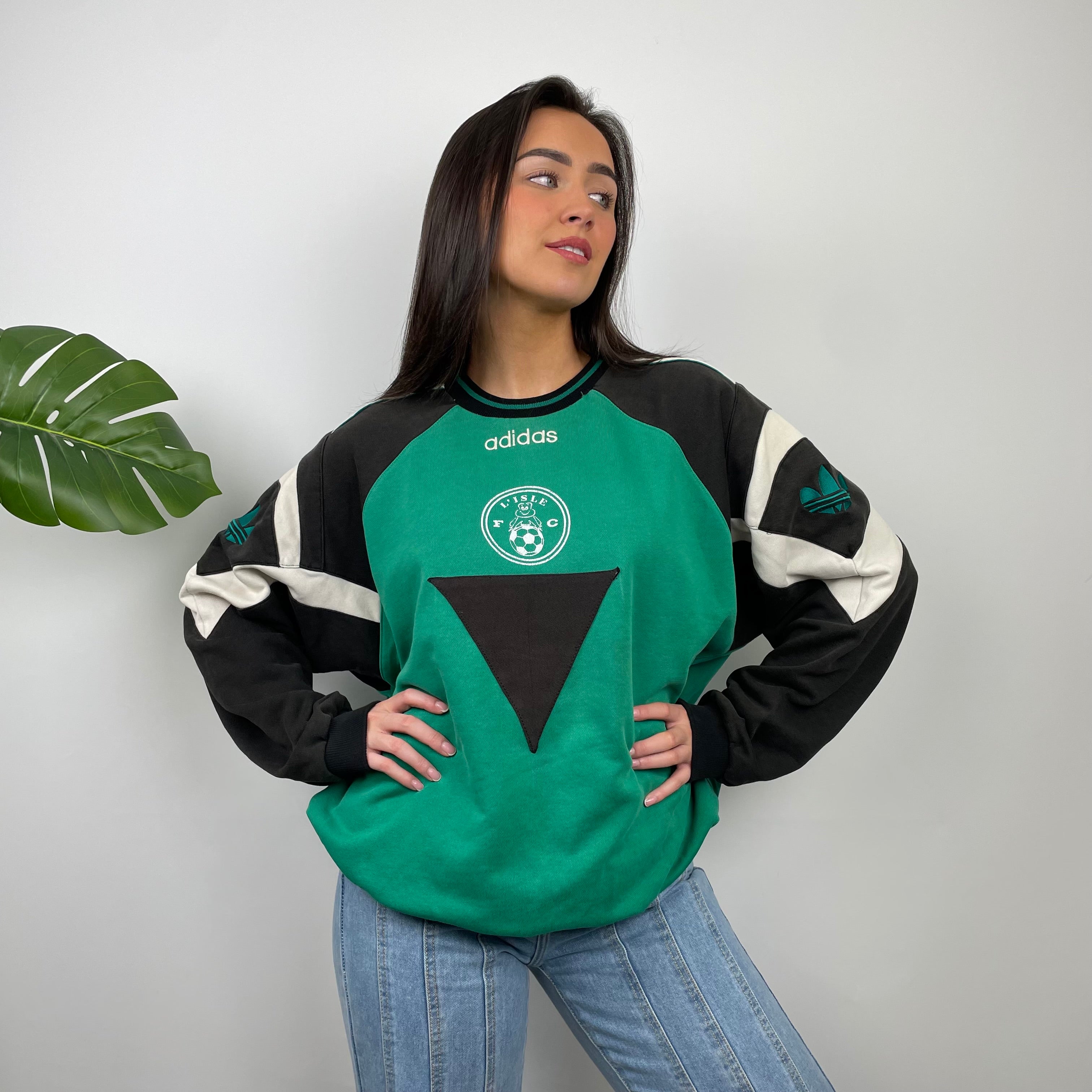 Adidas Black & Green Embroidered Spell Out Colour Block Sweatshirt (XL)