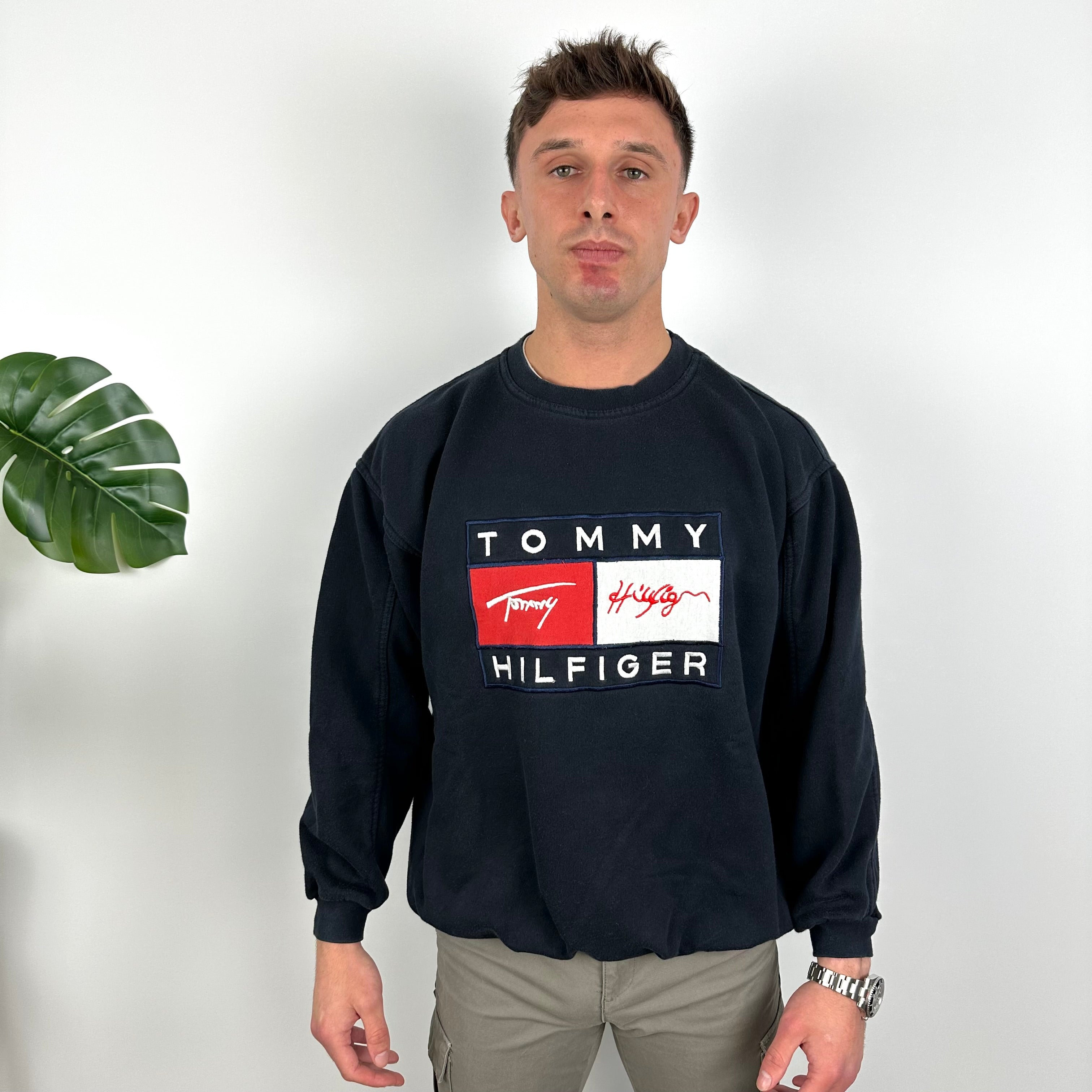 Tommy Hilfiger RARE Navy Embroidered Spell Out Sweatshirt (L)