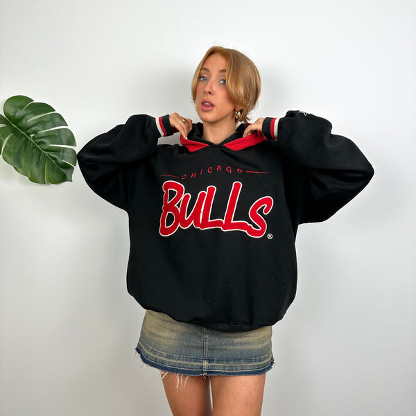 Chicago Bulls RARE Black Embroidered Spell Out Hoodie (M)