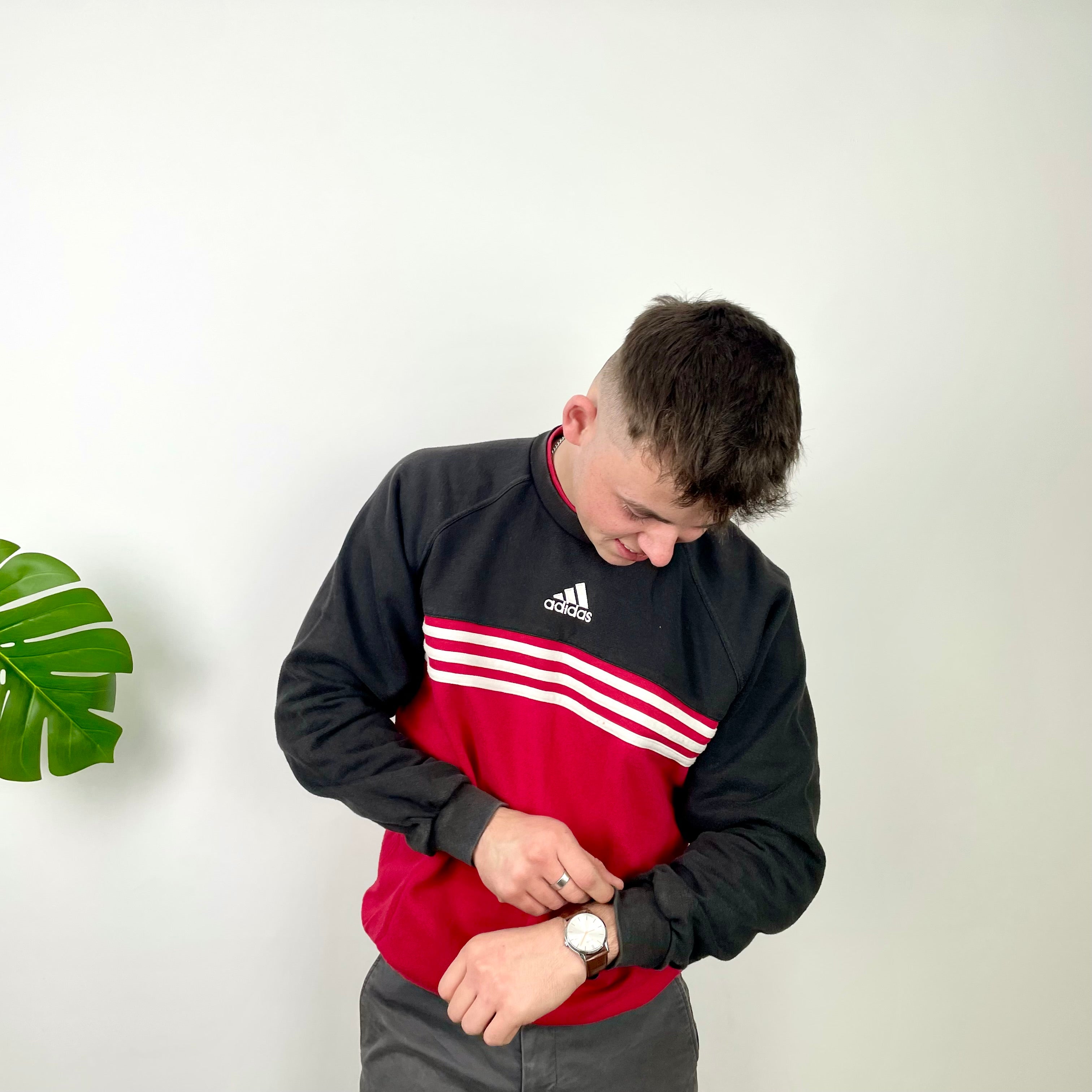 Adidas Red & Black Embroidered Spell Out Colour Block Sweatshirt (L)