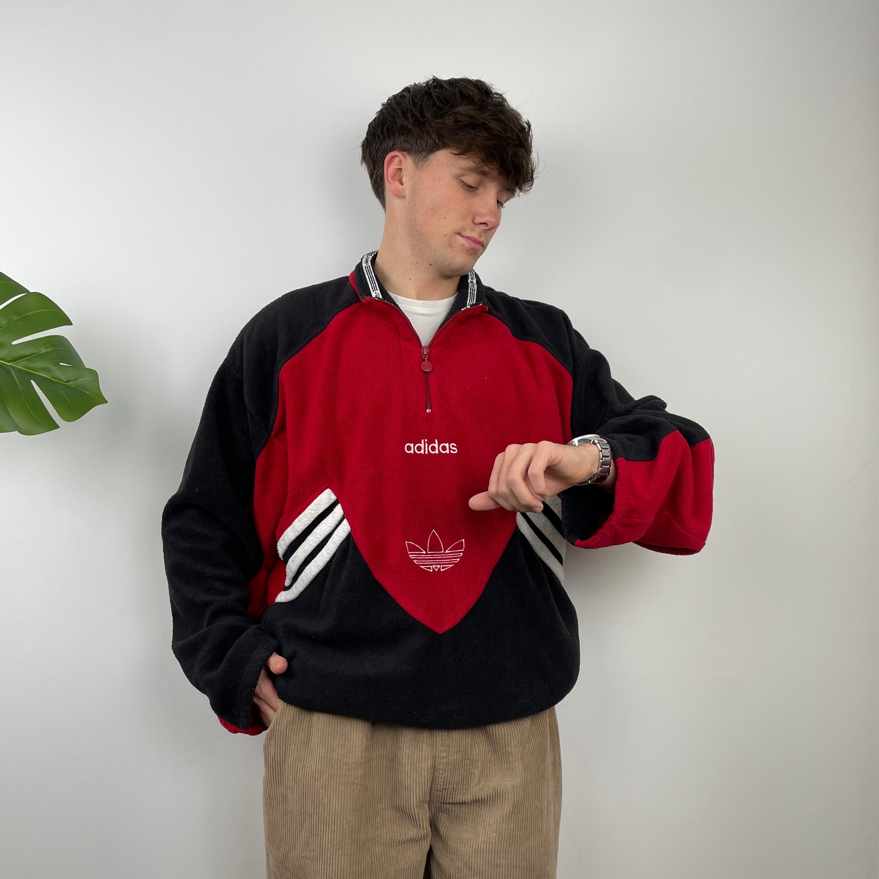 Adidas Red Colour Block Embroidered Spell Out Teddy Bear Fleece Quarter Zip Sweatshirt (L)