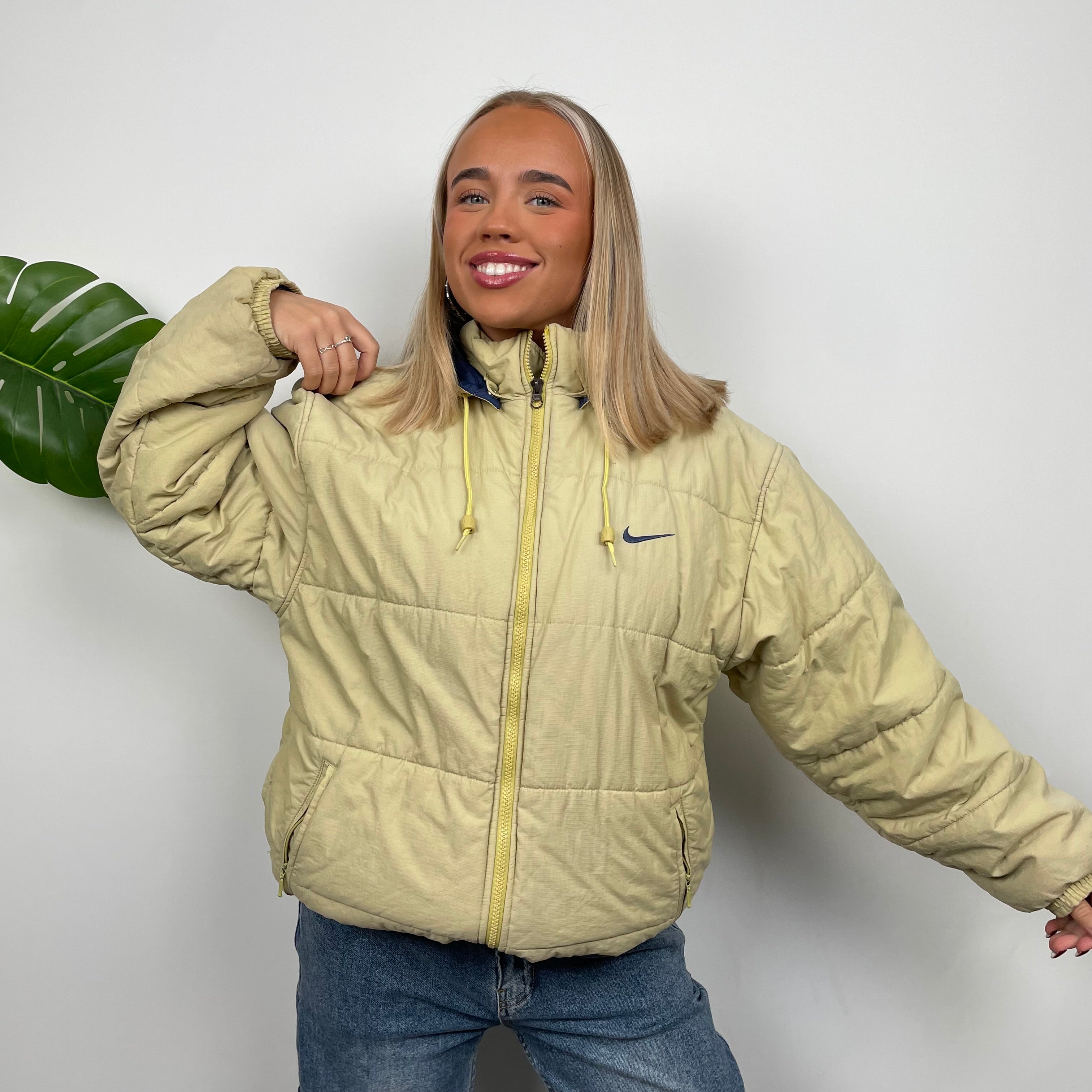 Nike RARE Yellow Embroidered Spell Out Puffer Jacket (L)