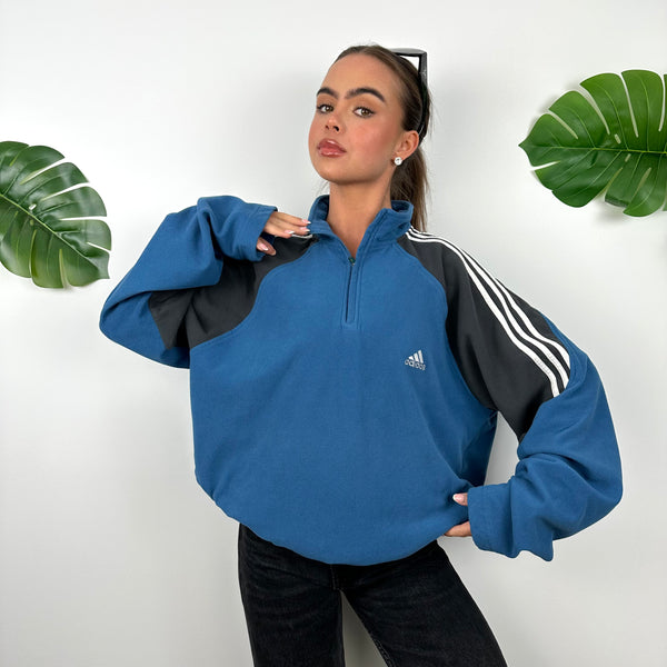 Adidas Blue & Black Embroidered Spell Out Teddy Bear Fleece Quarter Zip Sweatshirt (L)