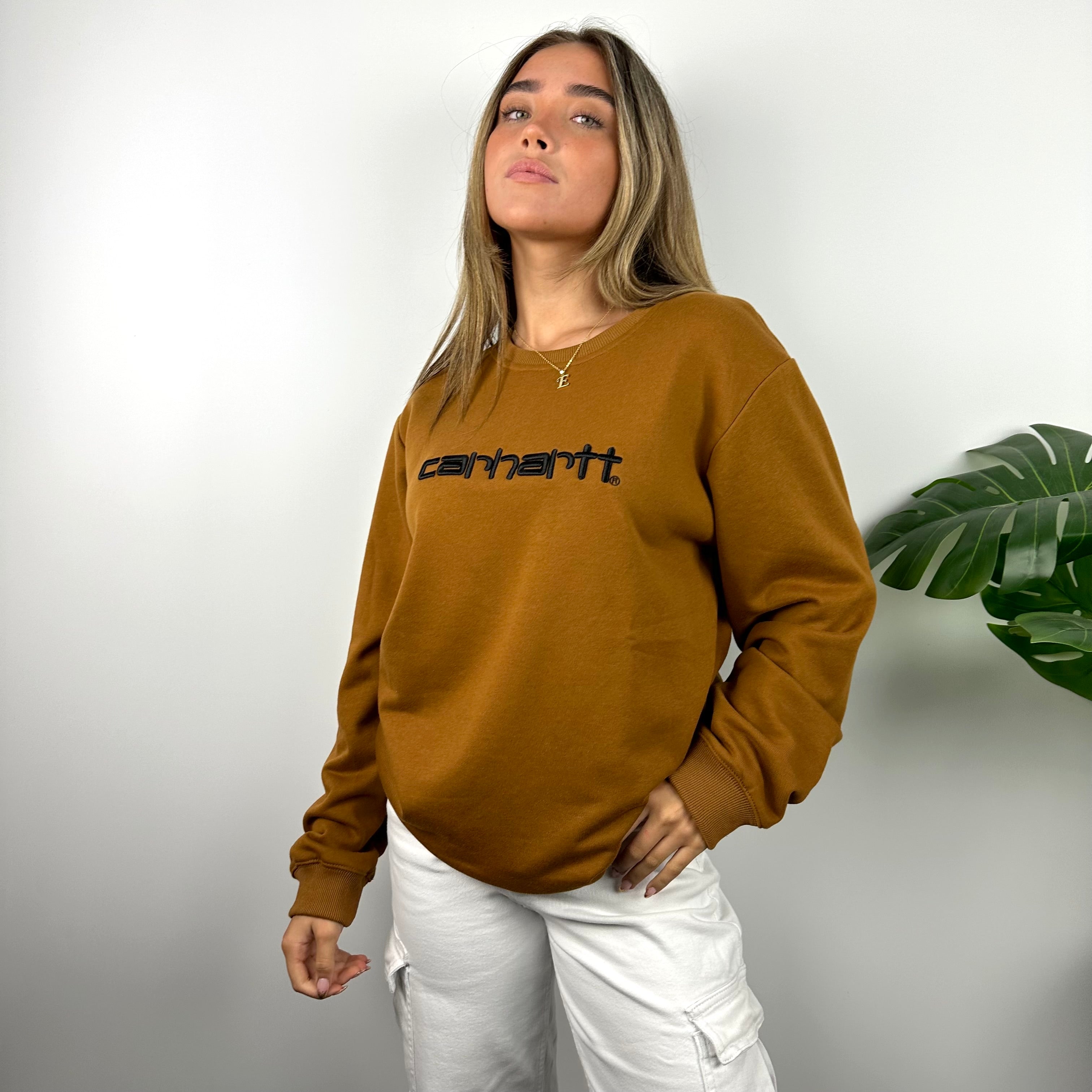 Carhartt Tan Brown Embroidered Spell Out Sweatshirt (M)
