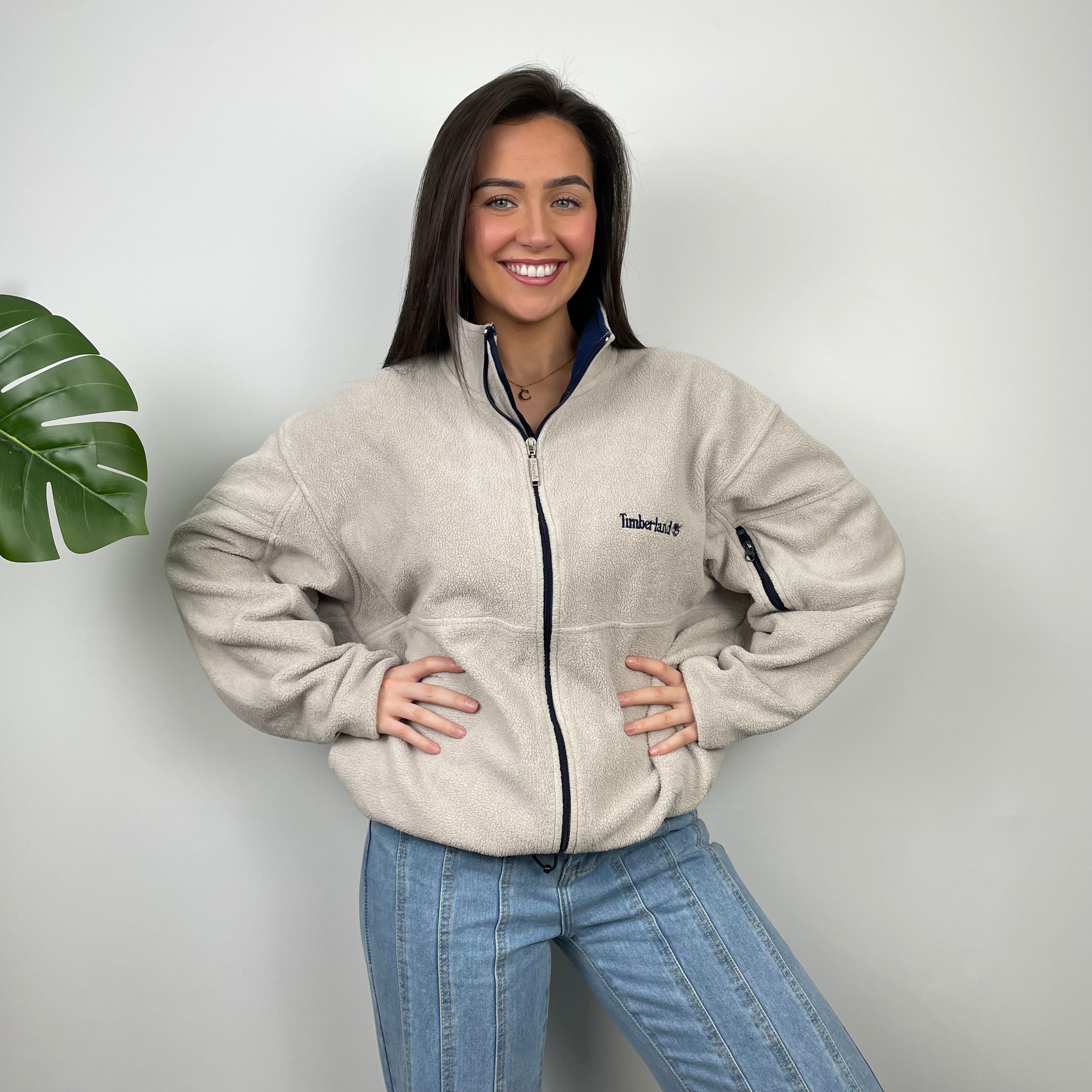 Timberland RARE Cream Embroidered Spell Out Logo Teddy Bear Fleece Zip Up Jacket (L)