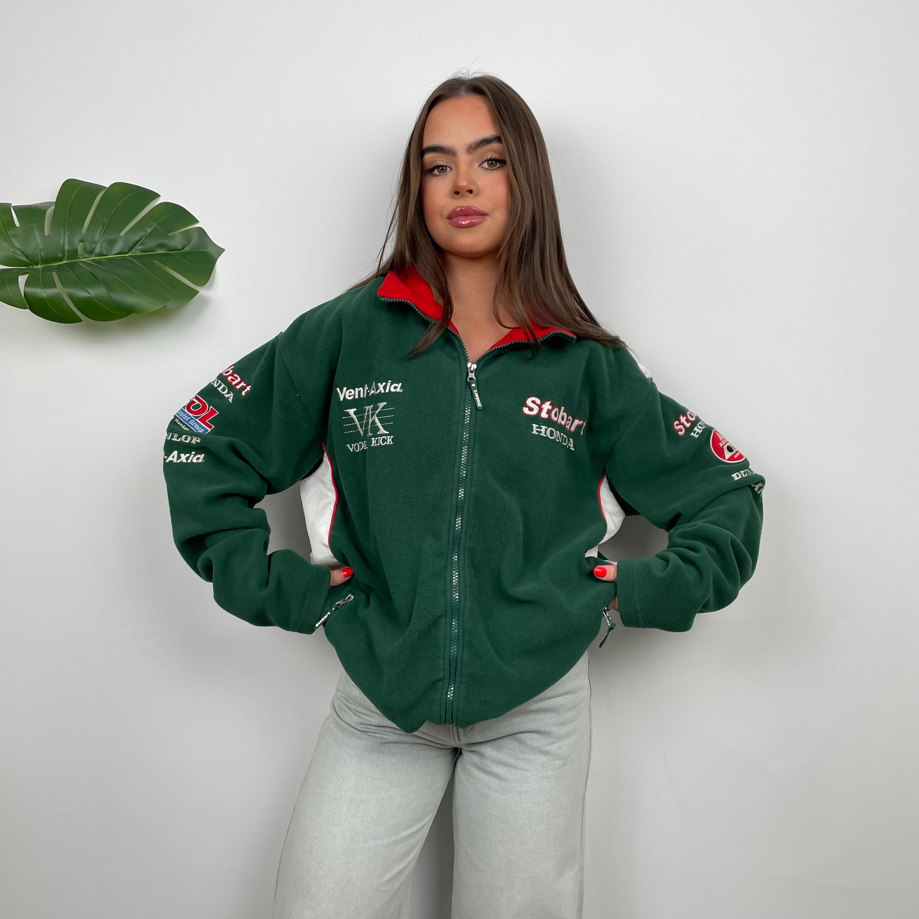 Honda Racing Green Embroidered Spell Out Zip Up Teddy Bear Fleece Jacket (L)