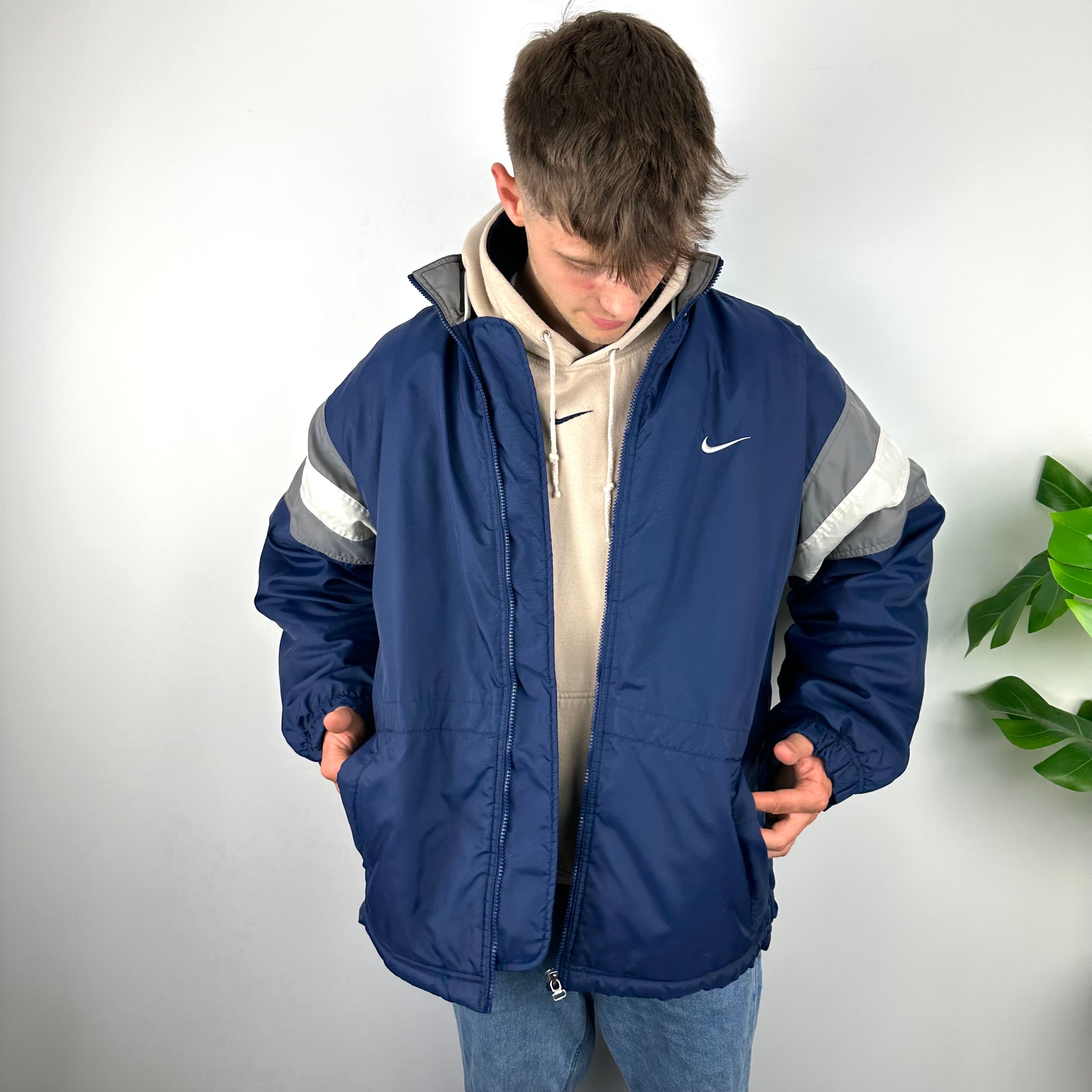 Nike RARE Navy Embroidered Spell Out Padded Jacket (L)