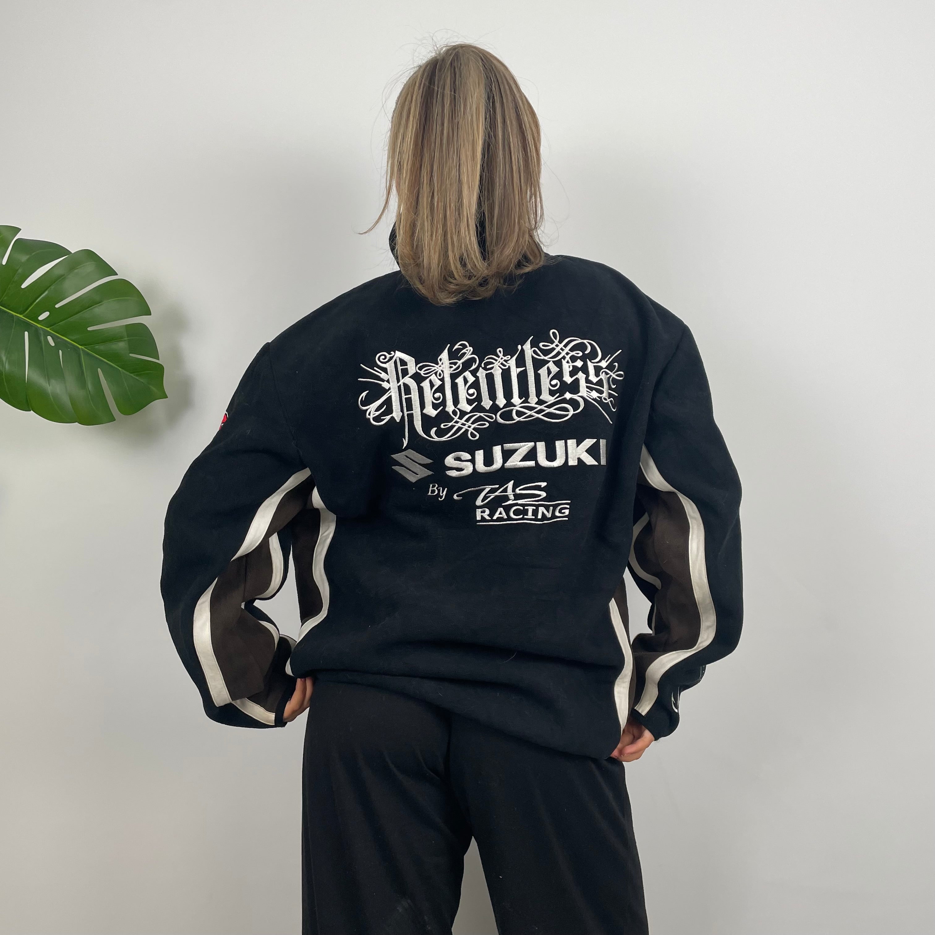 Suzuki Racing Black Embroidered Teddy Bear Fleece Zip Up Jacket (M)