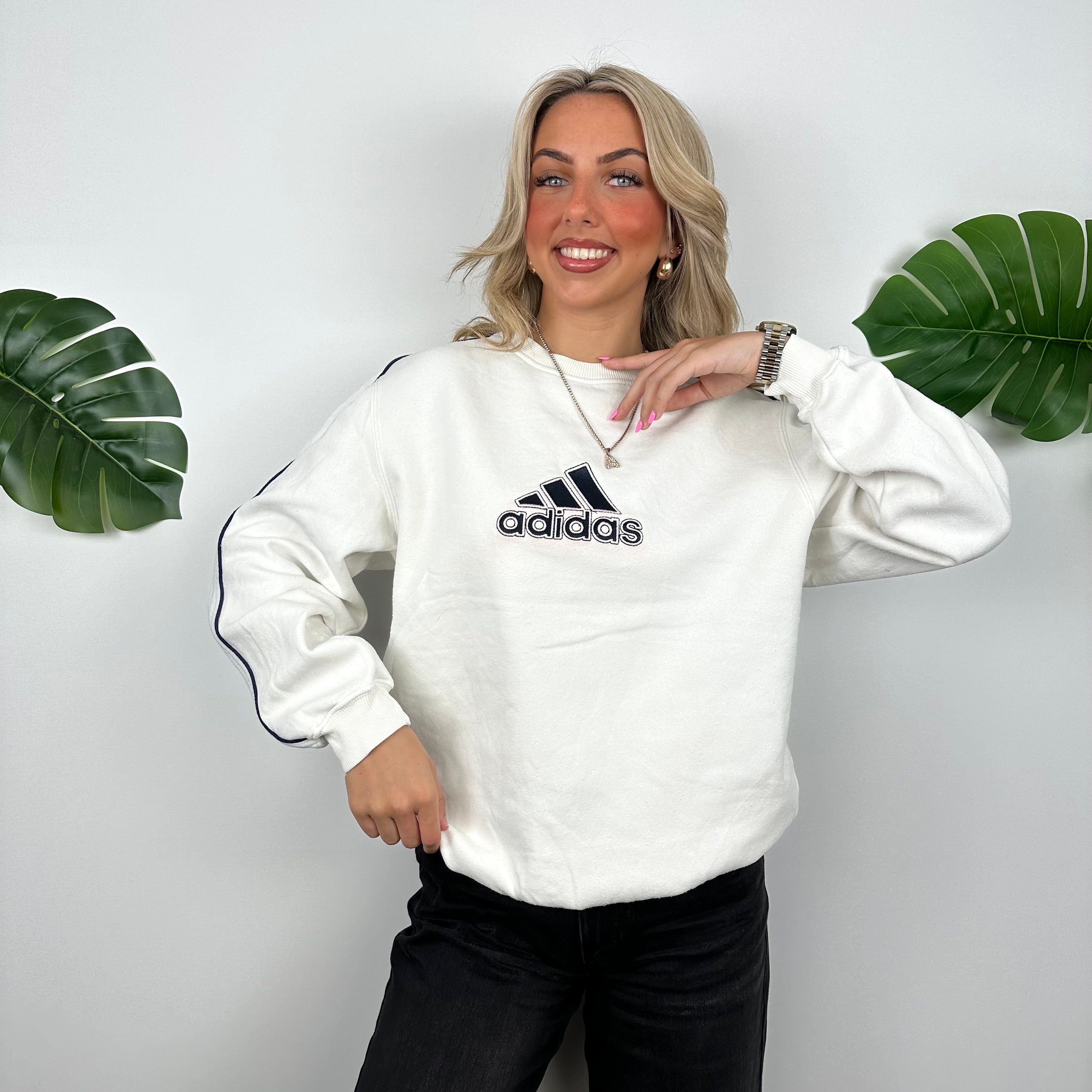 Adidas White Embroidered Spell Out Sweatshirt (M)