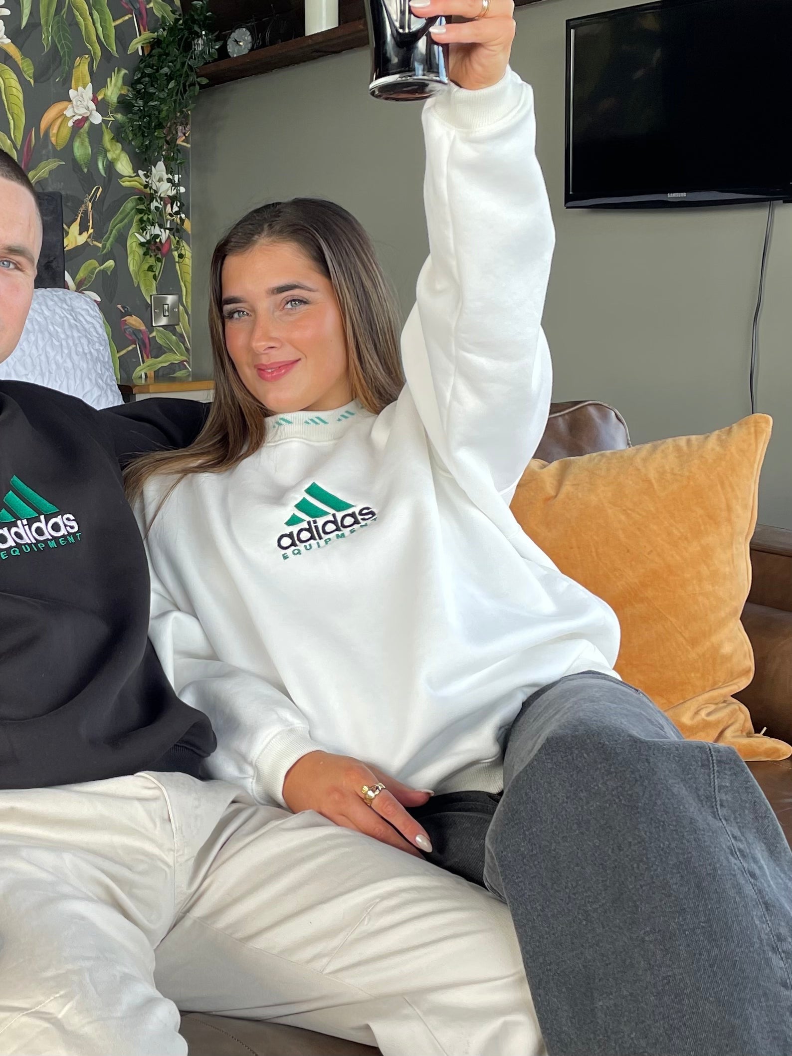 Adidas Equipment White Embroidered Spell Out Sweatshirt as worn by Ann Jamie Online Vintage