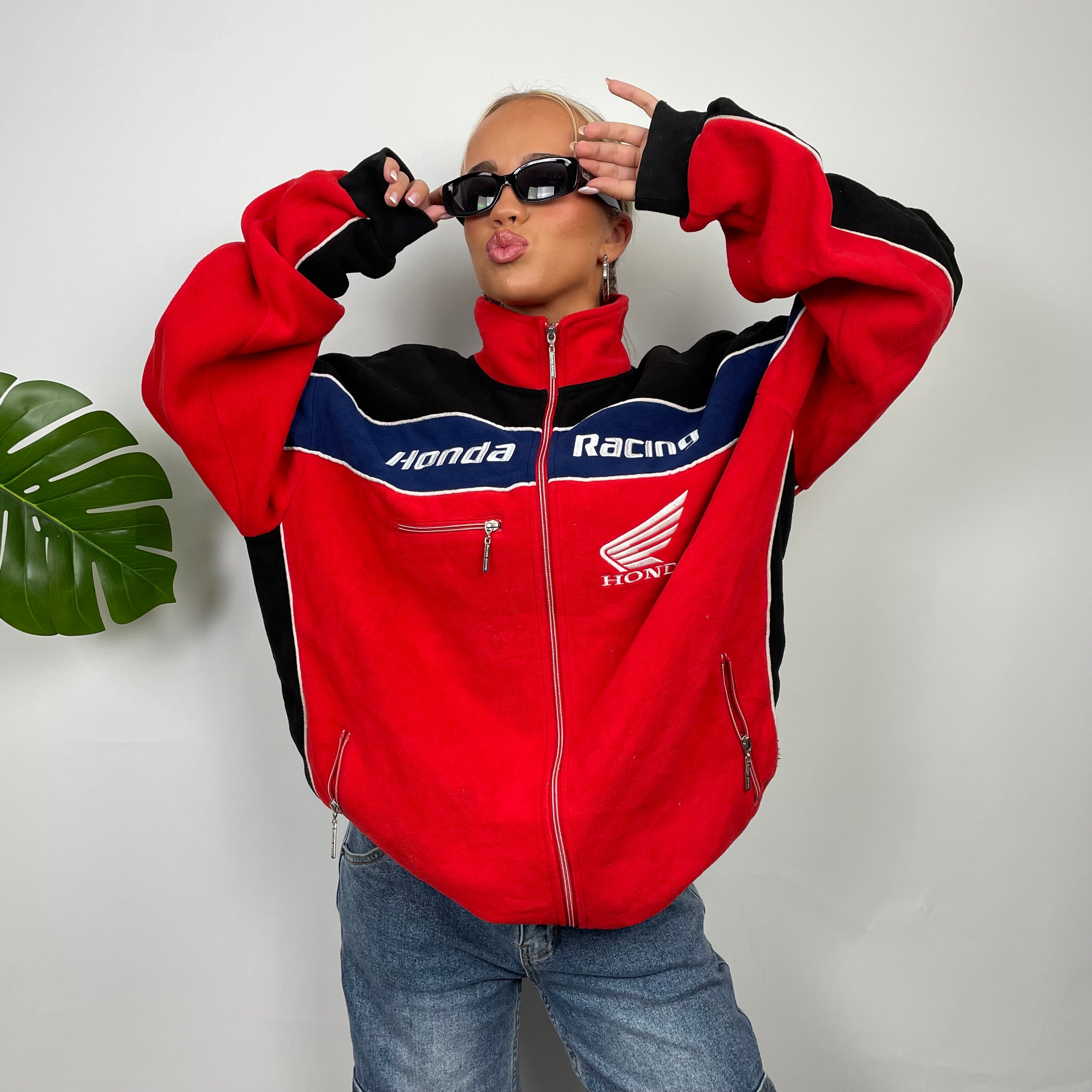 Honda Racing Red Embroidered Spell Out Zip Up Hoodie Jacket (XXXL)