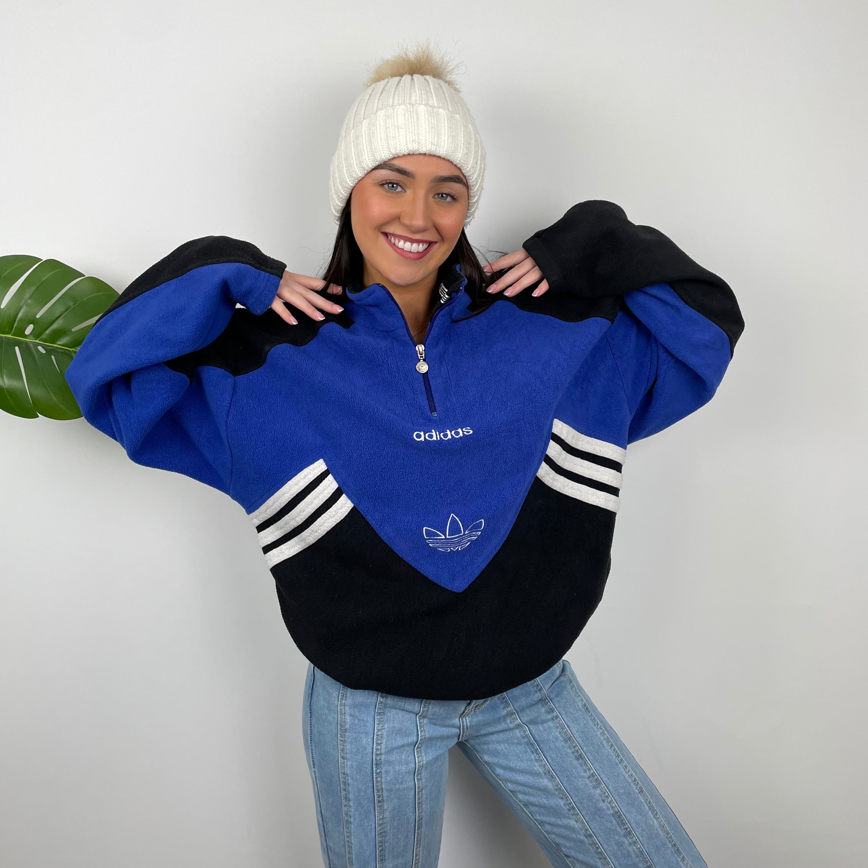 Adidas Blue Colour Block Embroidered Spell Out Teddy Bear Fleece Quarter Zip Sweatshirt (M)