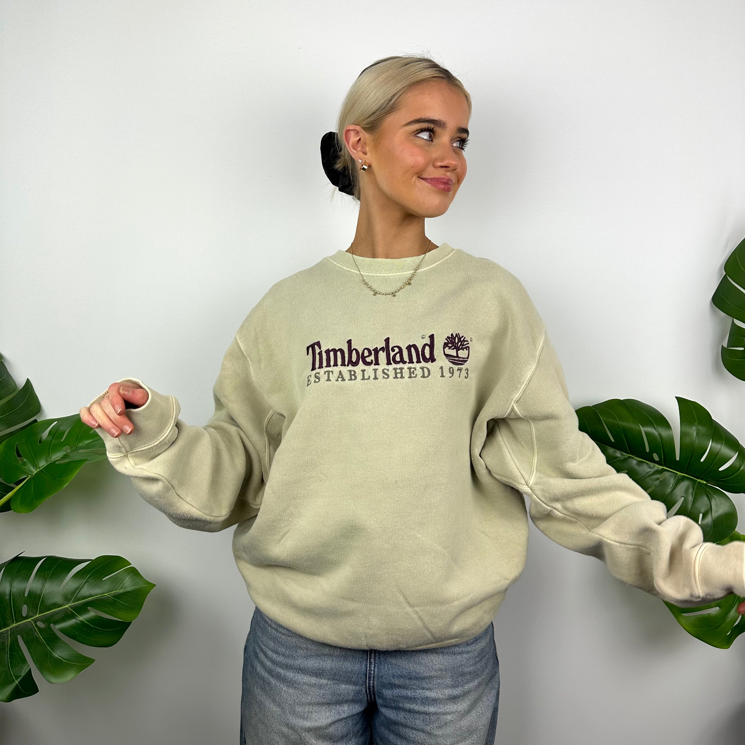 Timberland Beige Embroidered Spell Out Sweatshirt (M)