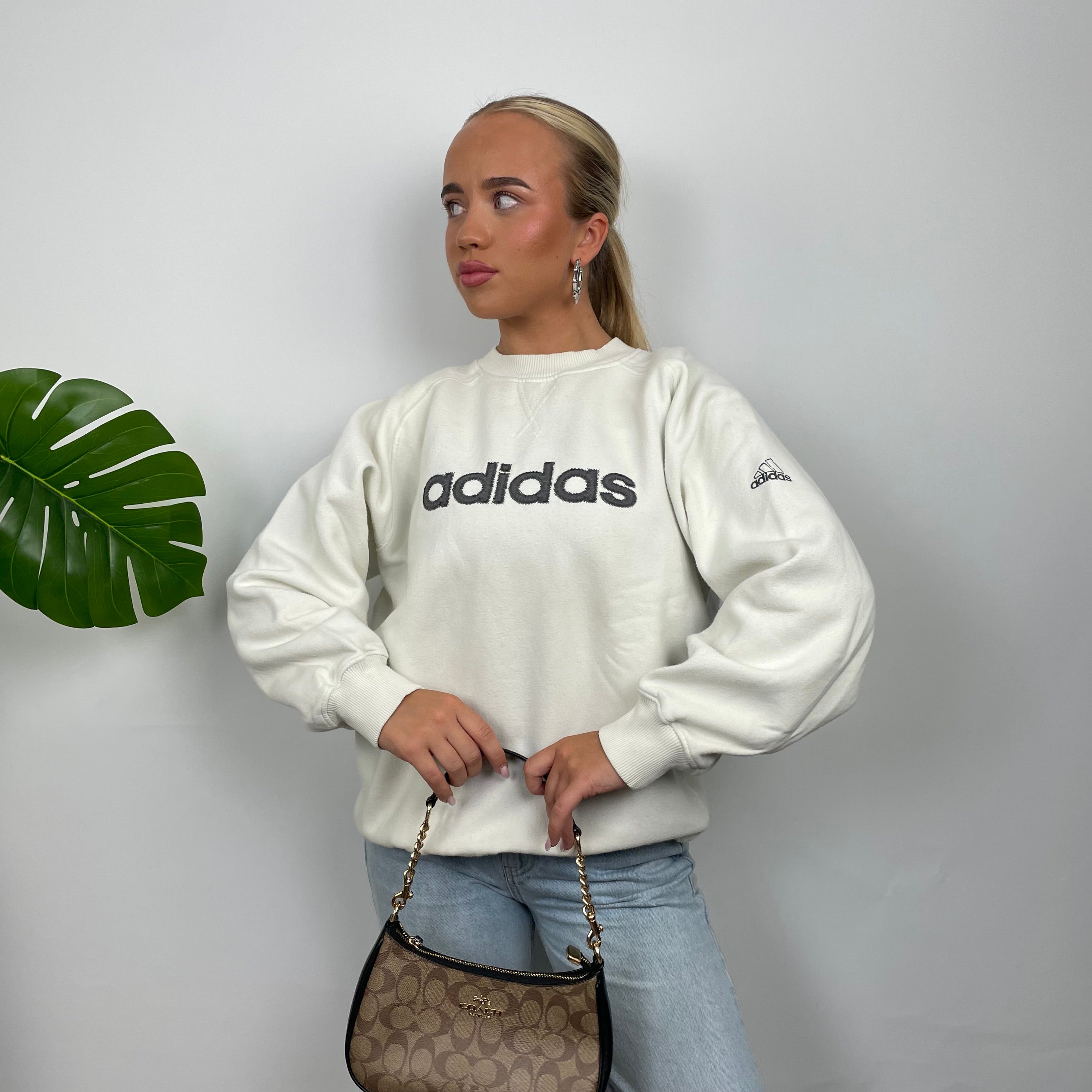 Adidas White Embroidered Spell Out Sweatshirt (M)