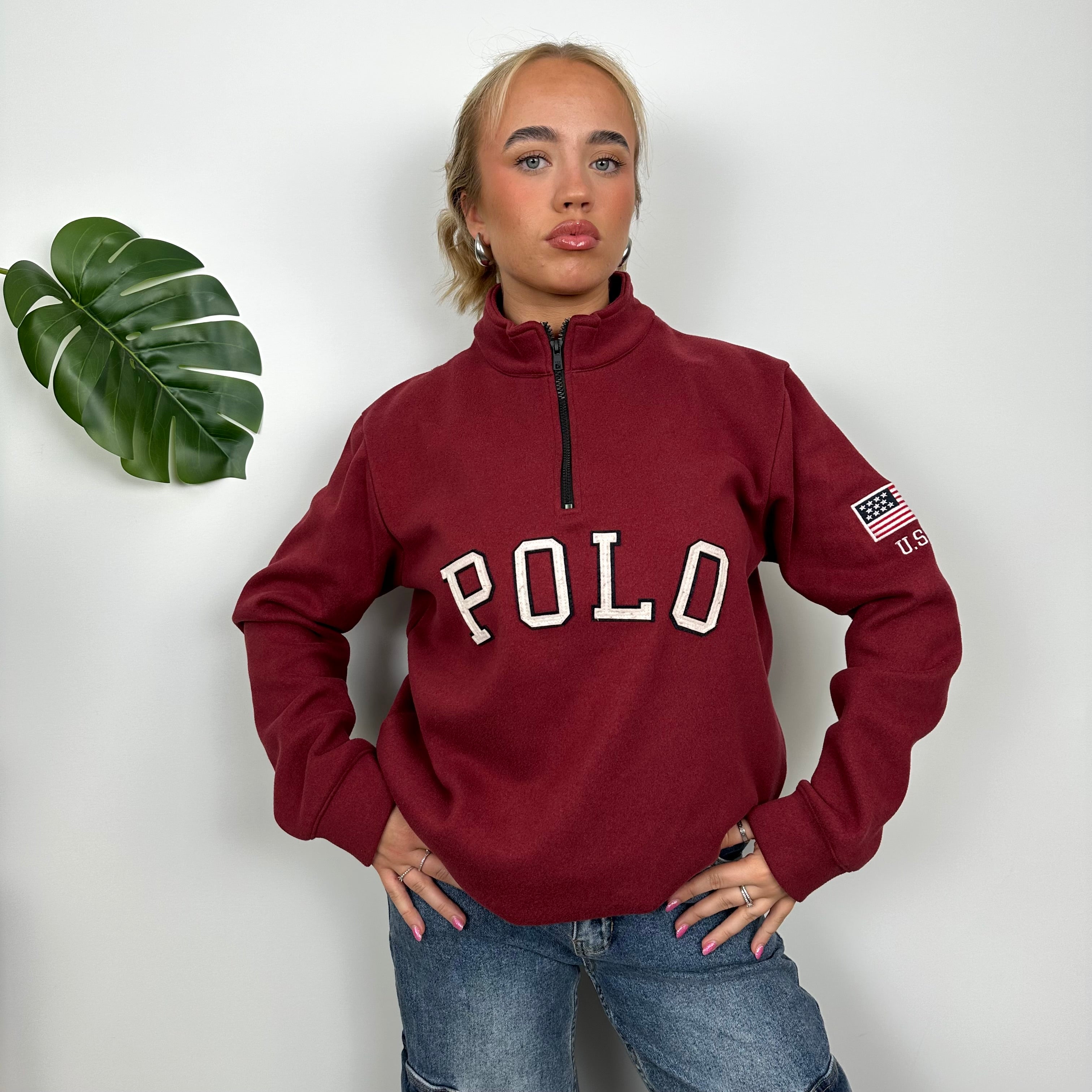 Polo Ralph Lauren Maroon Embroidered Spell Out Fleece Quarter Zip (L)