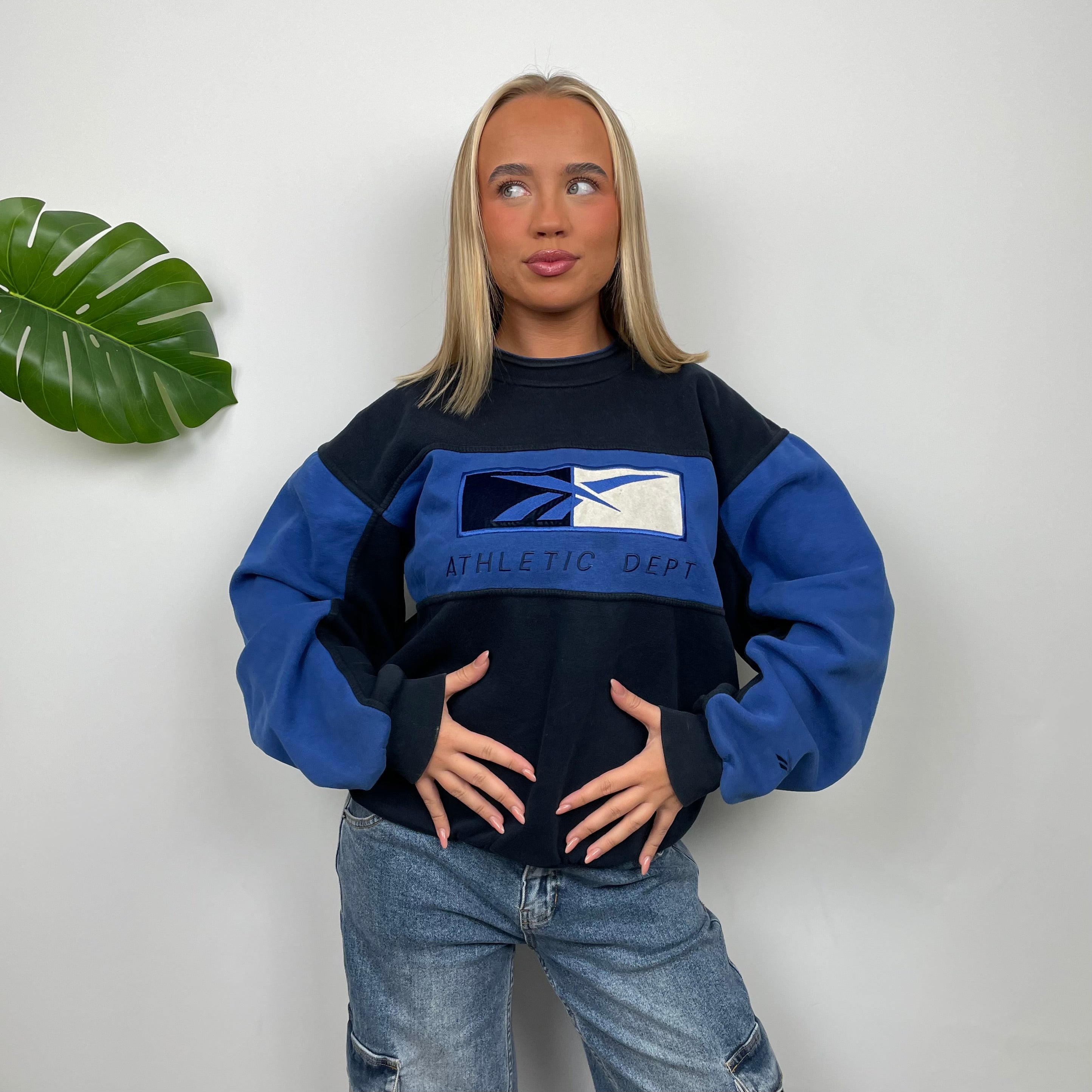 Reebok Blue & Black Embroidered Spell Out Sweatshirt (M)