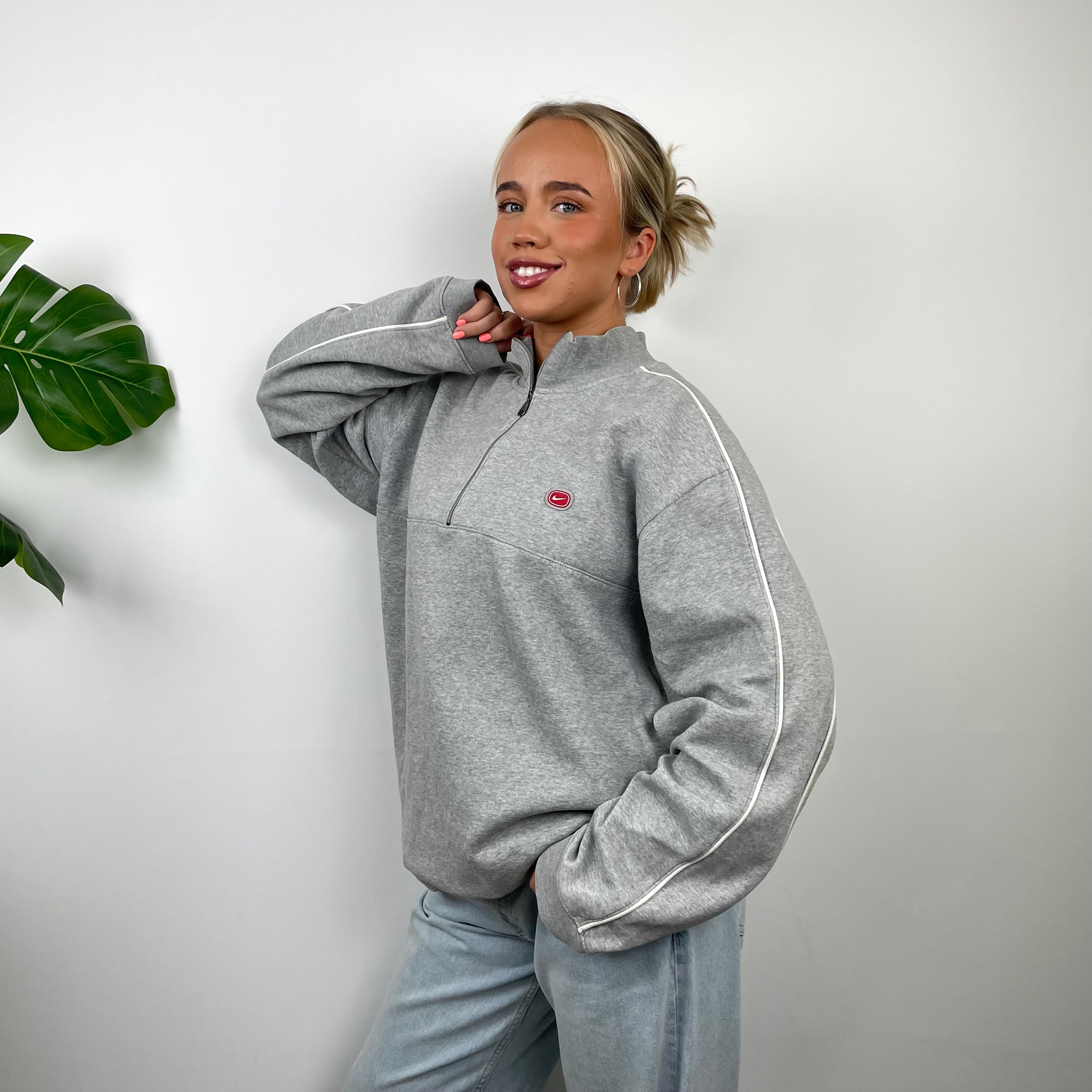 Nike Cortez Grey Embroidered Spell Out Quarter Zip Sweatshirt (L)