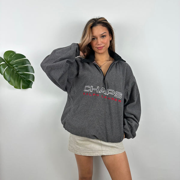 Chaps Ralph Lauren Grey Embroidered Spell Out Teddy Bear Fleece Quarter Zip Sweatshirt (L)