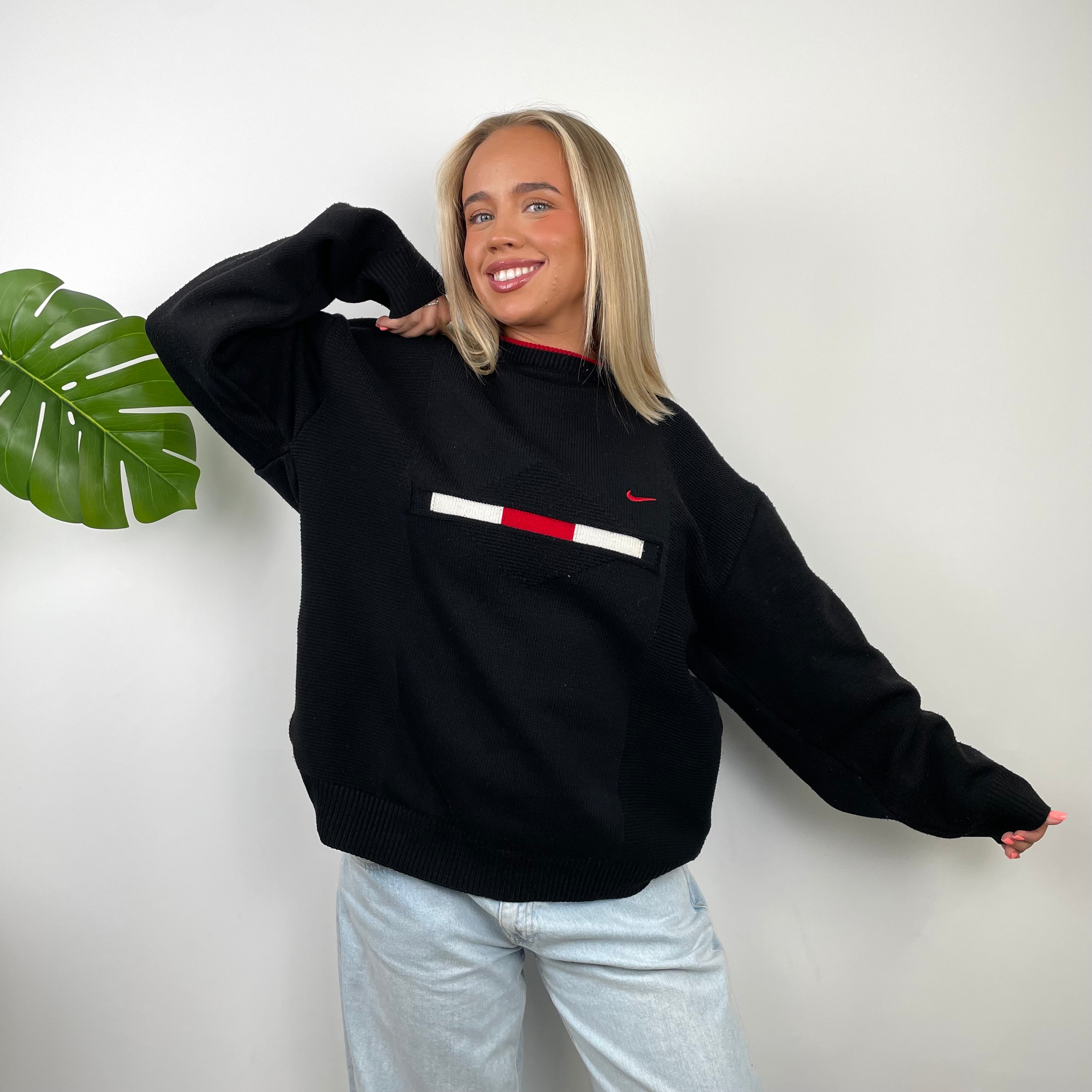 Nike RARE Black Embroidered Swoosh Knitted Sweater (L)