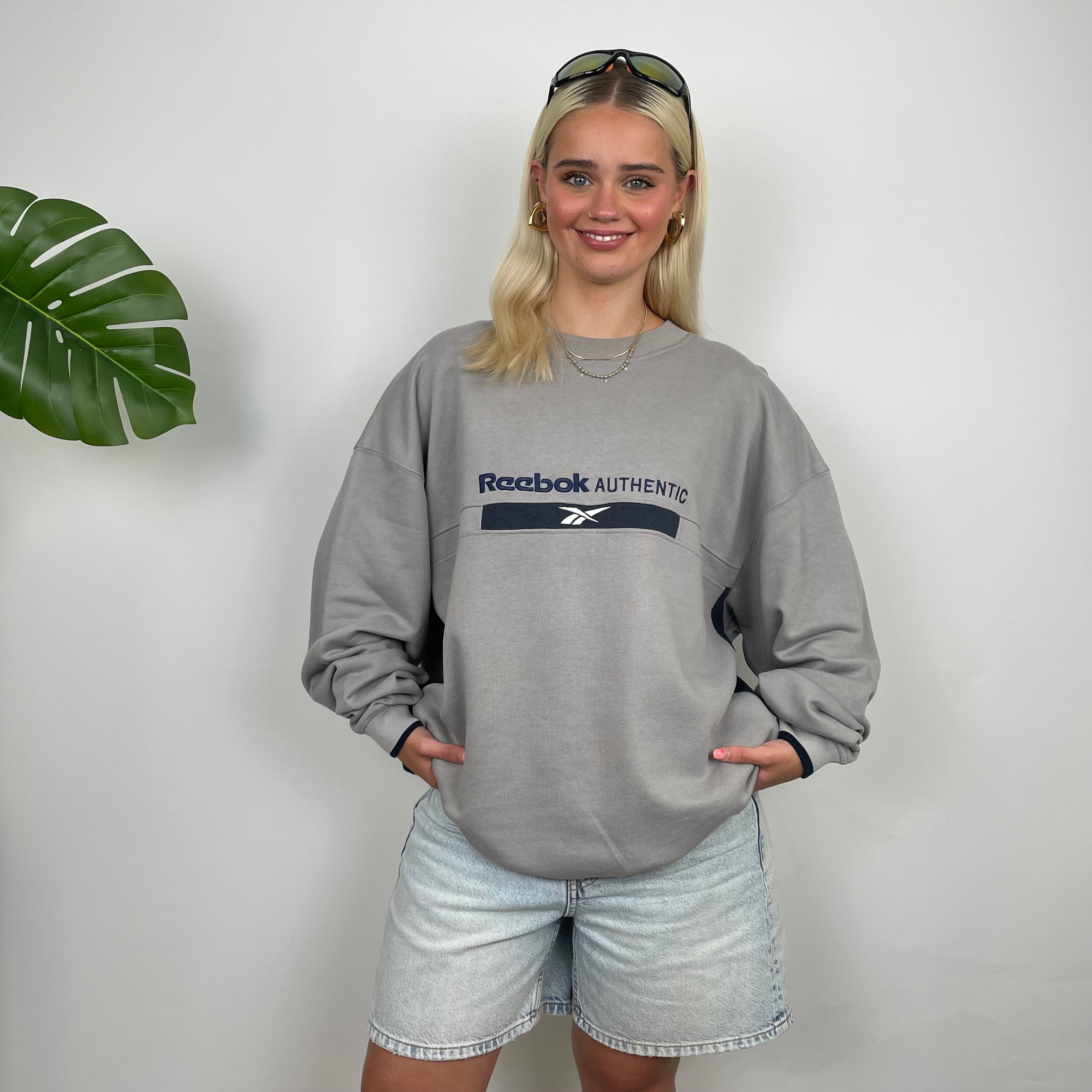 Reebok Authentic Grey Embroidered Spell Out Sweatshirt (XL)