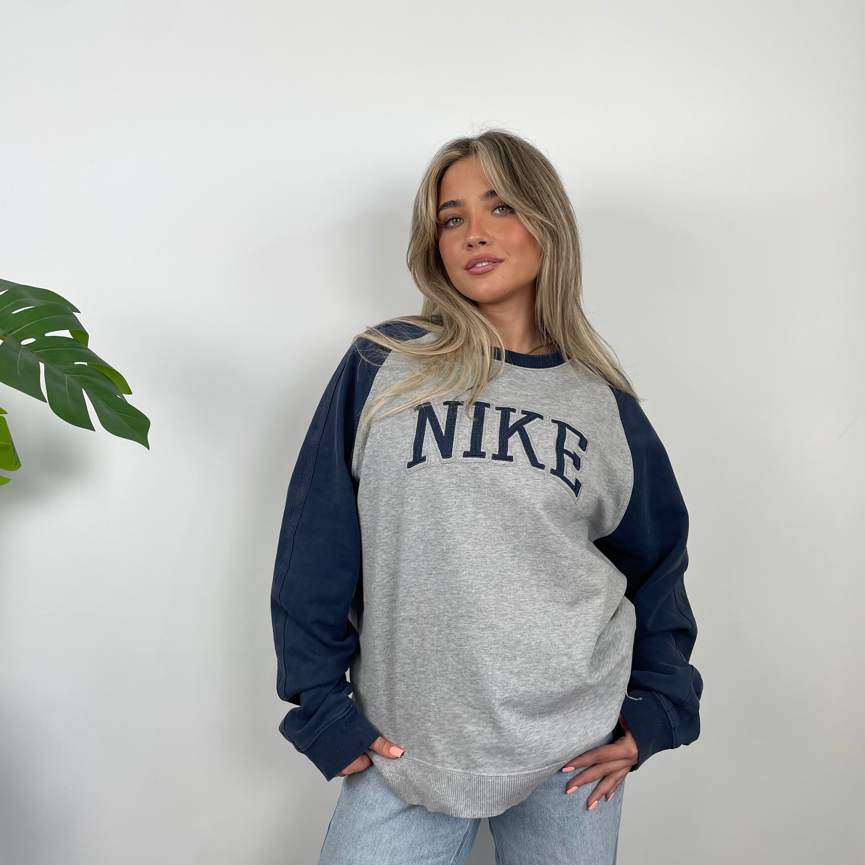 Nike Grey and Navy Embroidered Spell Out Sweatshirt (L)