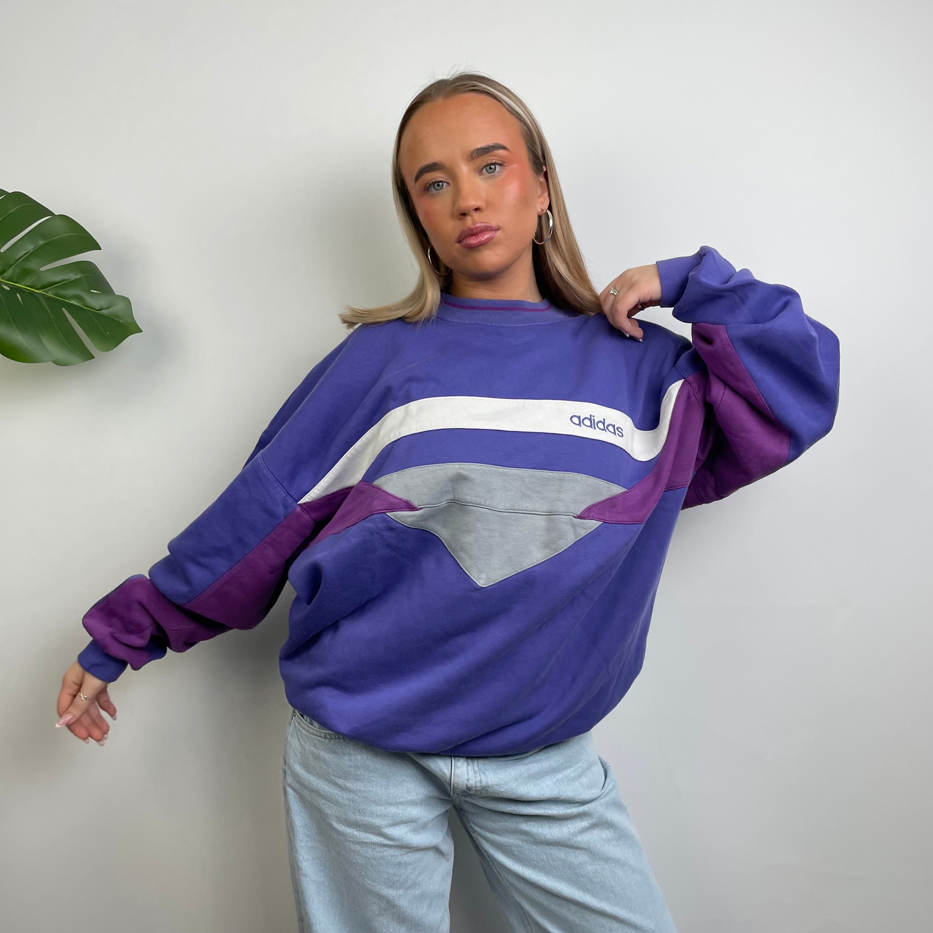 Adidas Blue Colour Block Embroidered Spell Out Sweatshirt (L)
