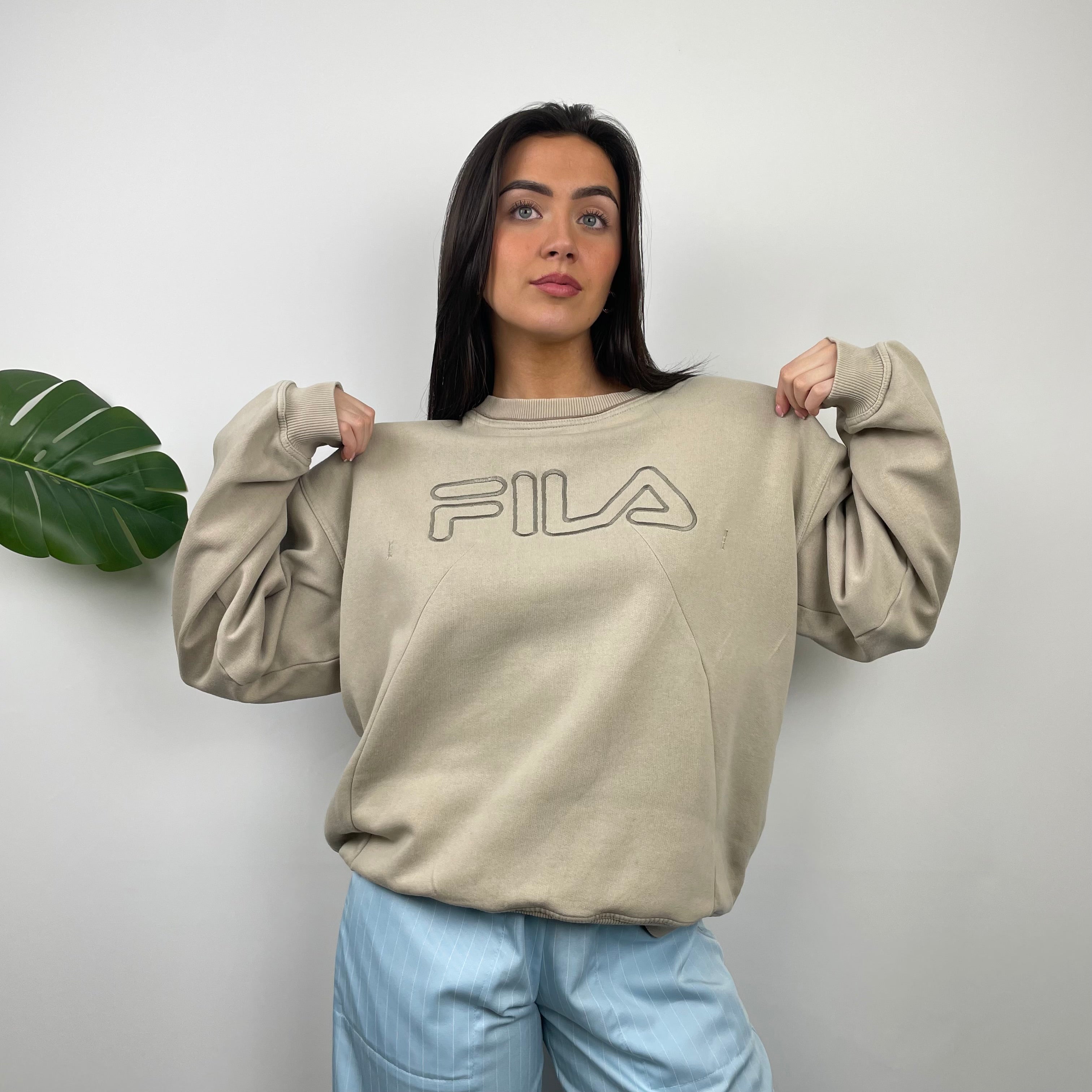 FILA Beige Embroidered Spell Out Sweatshirt (M)