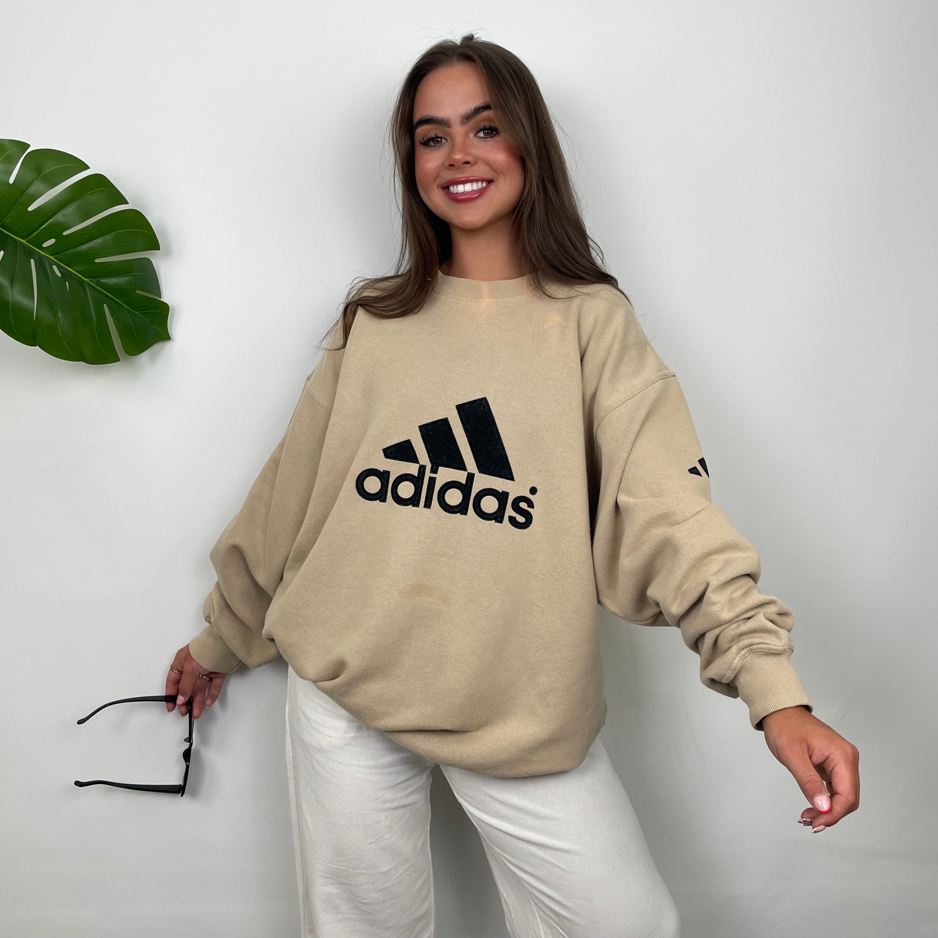 Adidas Beige Embroidered Spell Out Sweatshirt (XL)