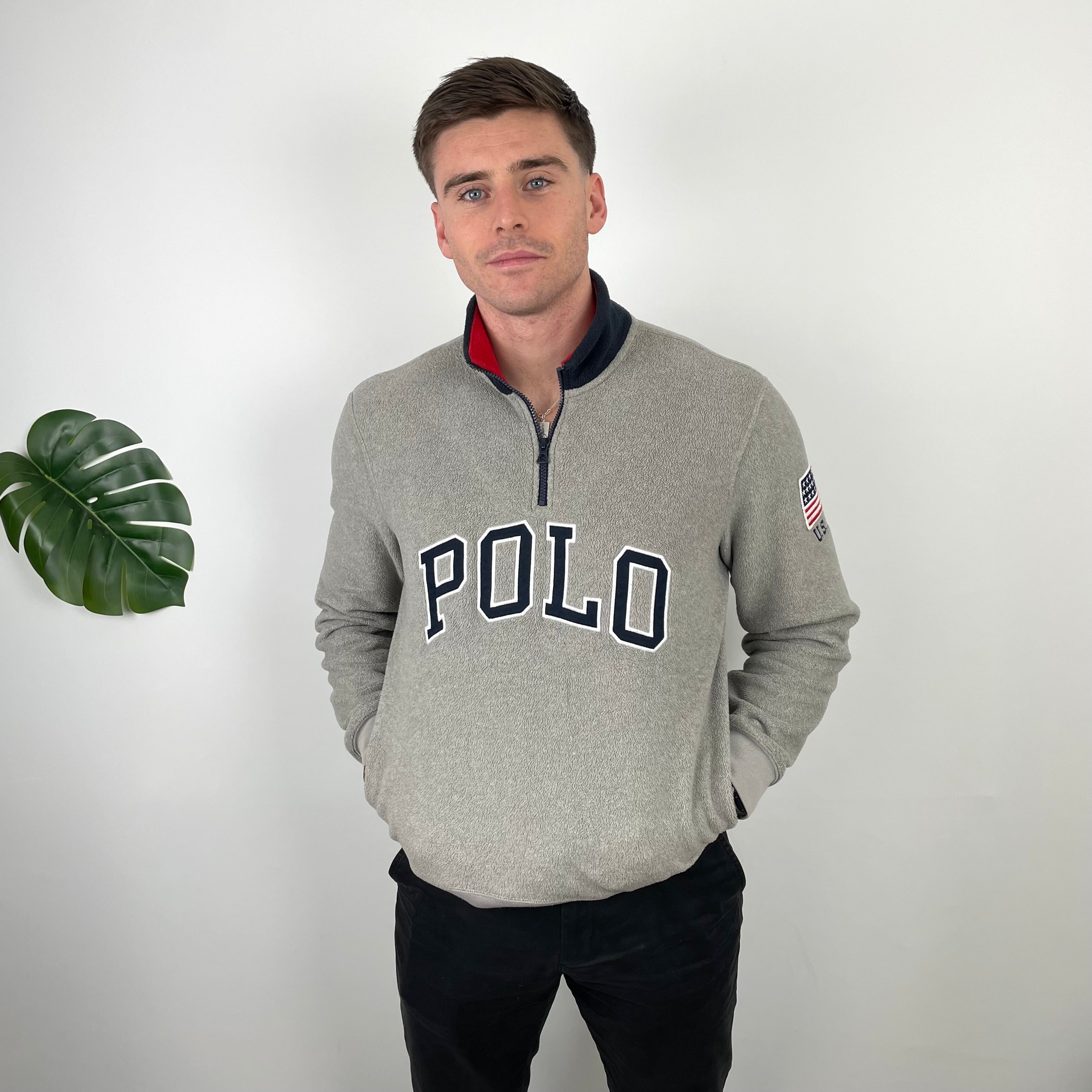Polo Ralph Lauren Grey Embroidered Spell Out Fleece Quarter Zip (M)