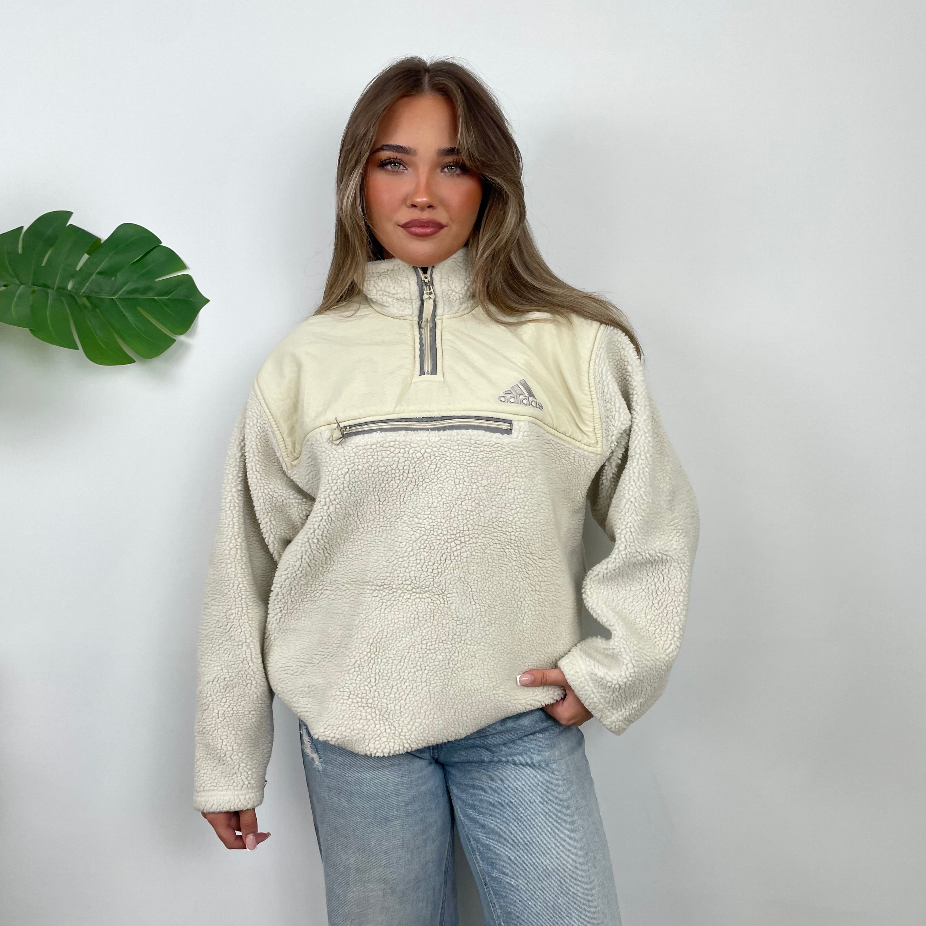 Adidas Cream Embroidered Spell Out Teddy Bear Sherpa Fleece Quarter Zip Sweatshirt (L)