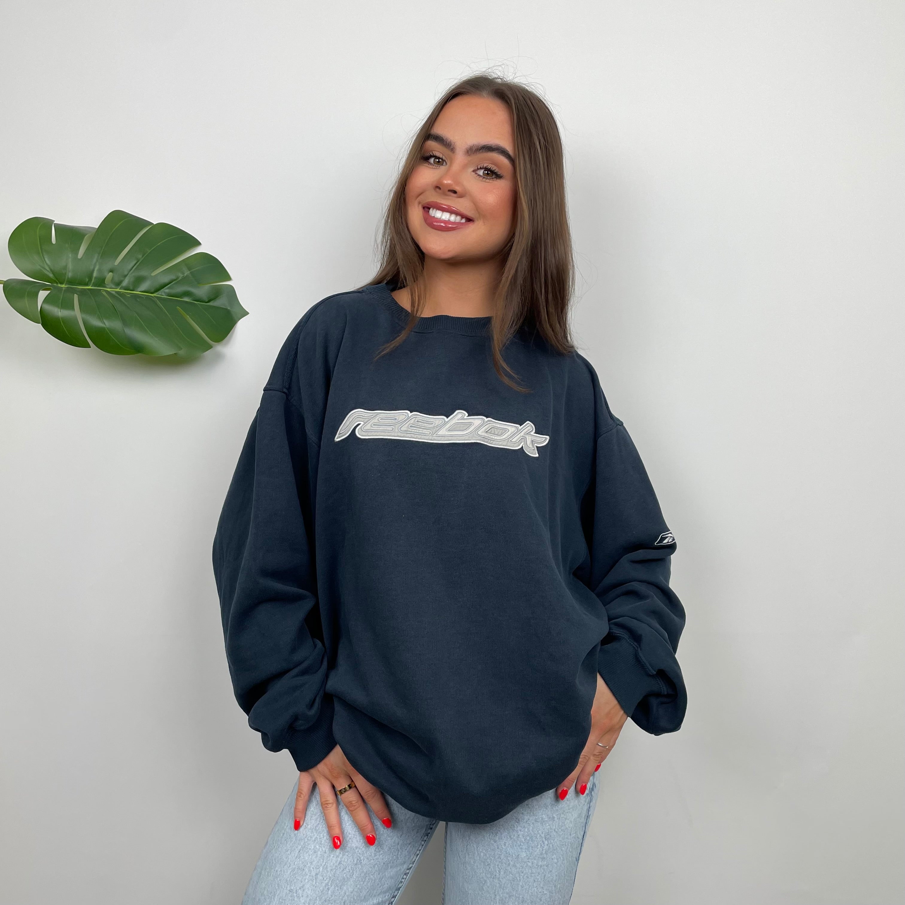 Reebok Navy Embroidered Spell Out Sweatshirt (L)