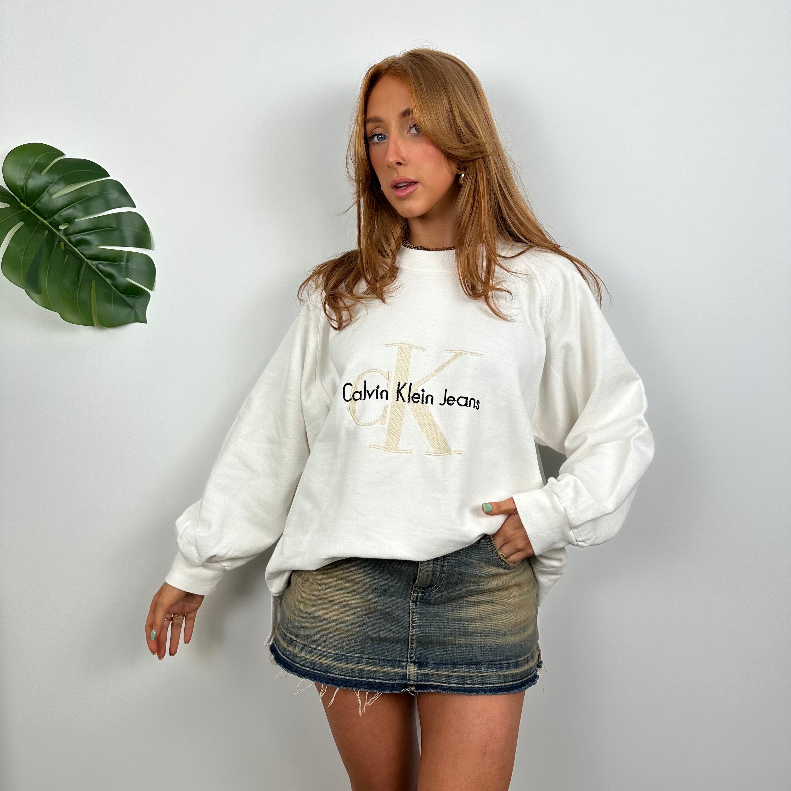 Calvin Klein RARE Cream Embroidered Spell Out Sweatshirt (M)