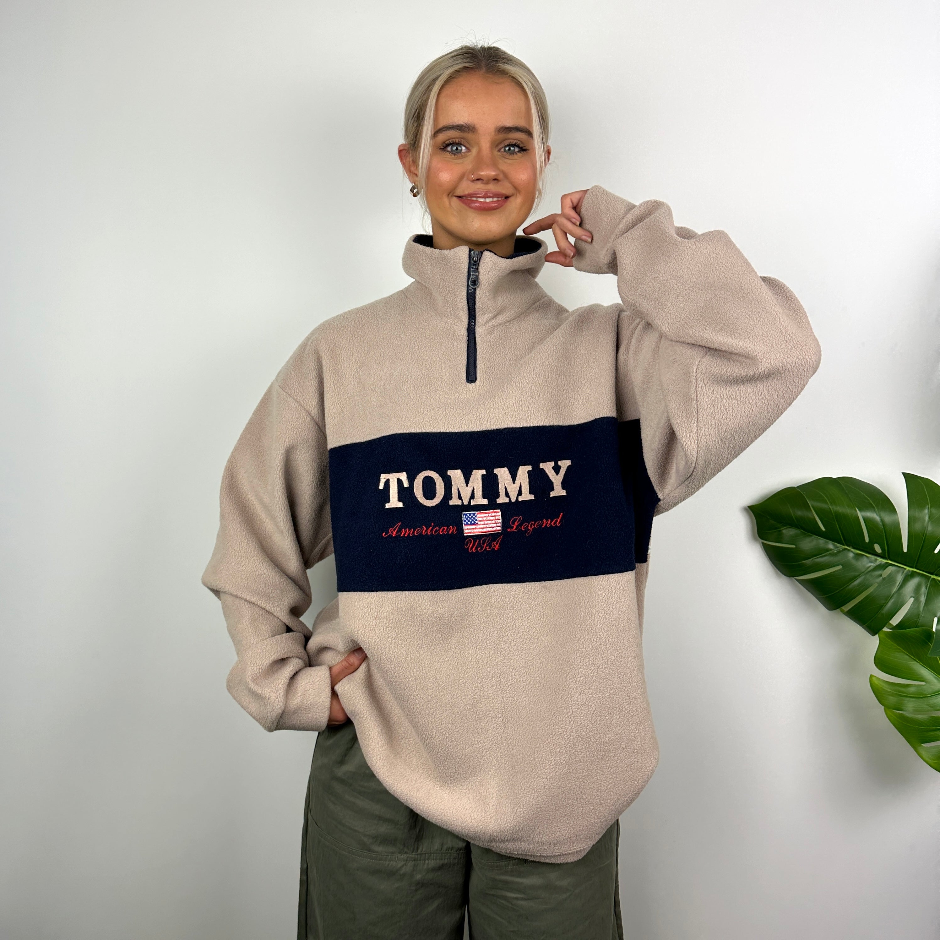 Tommy Hilfiger RARE Tan Brown Embroidered Spell Out Teddy Bear Fleece Quarter Zip Sweatshirt (L)