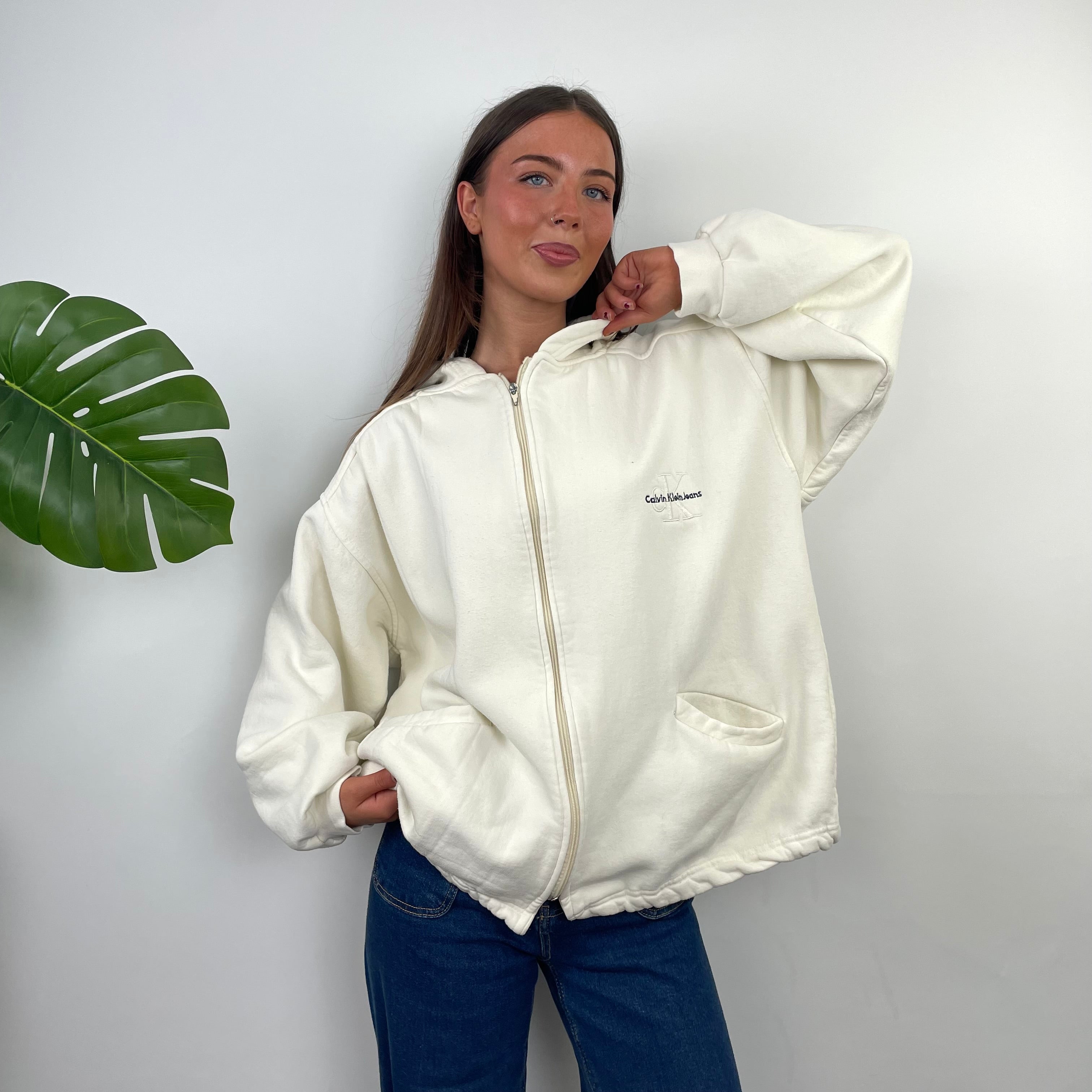 Calvin Klein Buttermilk Lemon Embroidered Spell Out Zip Up Hoodie (L)