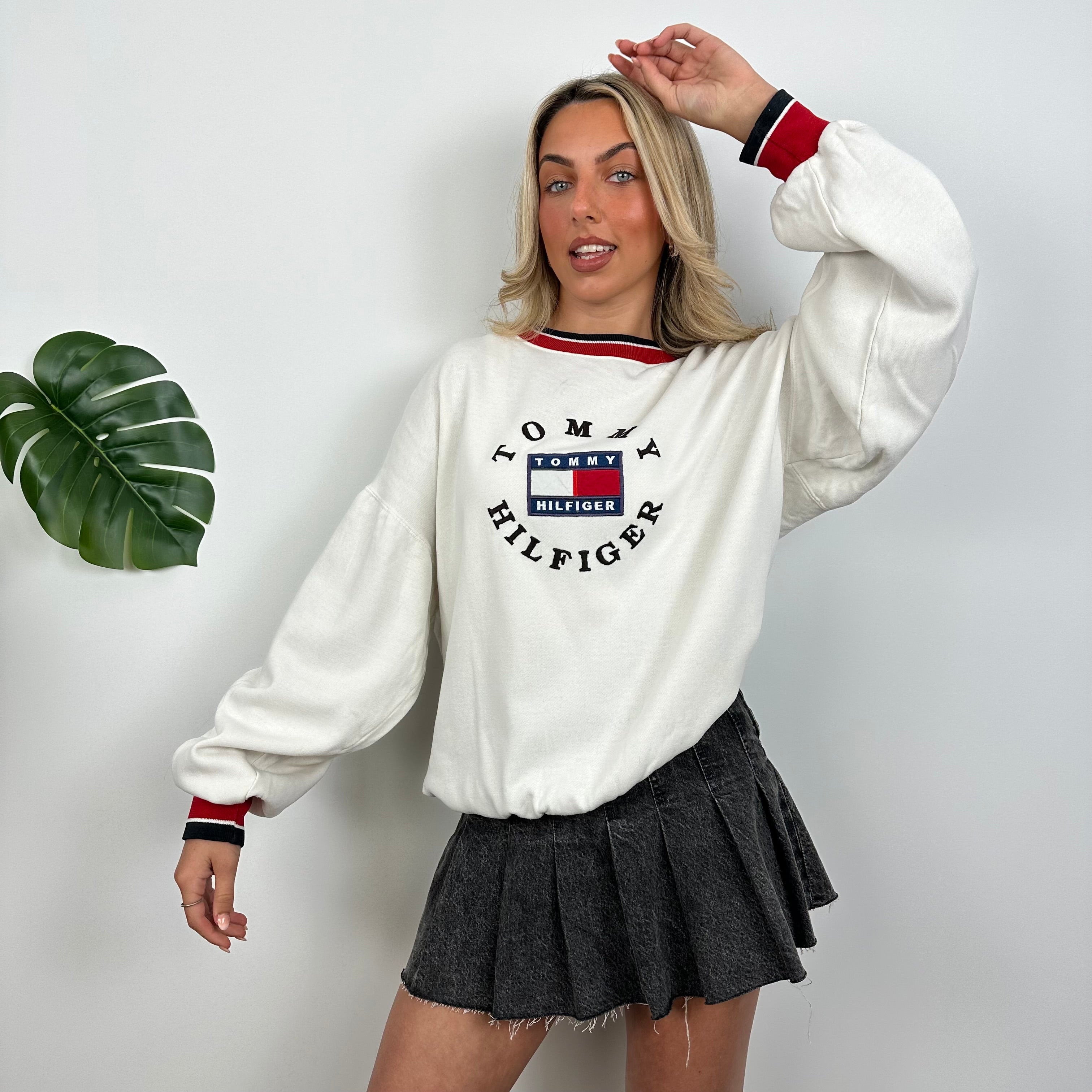 Tommy Hilfiger RARE White Embroidered Spell Out Sweatshirt (M)