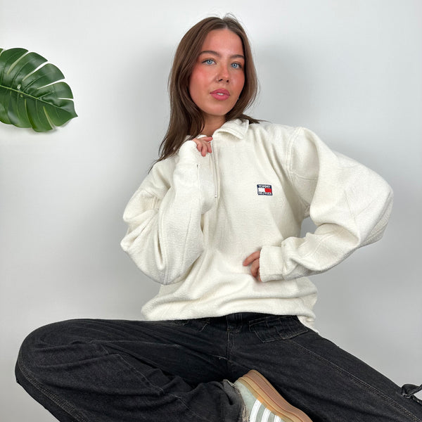 Tommy Hilfiger White Embroidered Spell Out Teddy Bear Fleece Quarter Zip Sweatshirt (XL)
