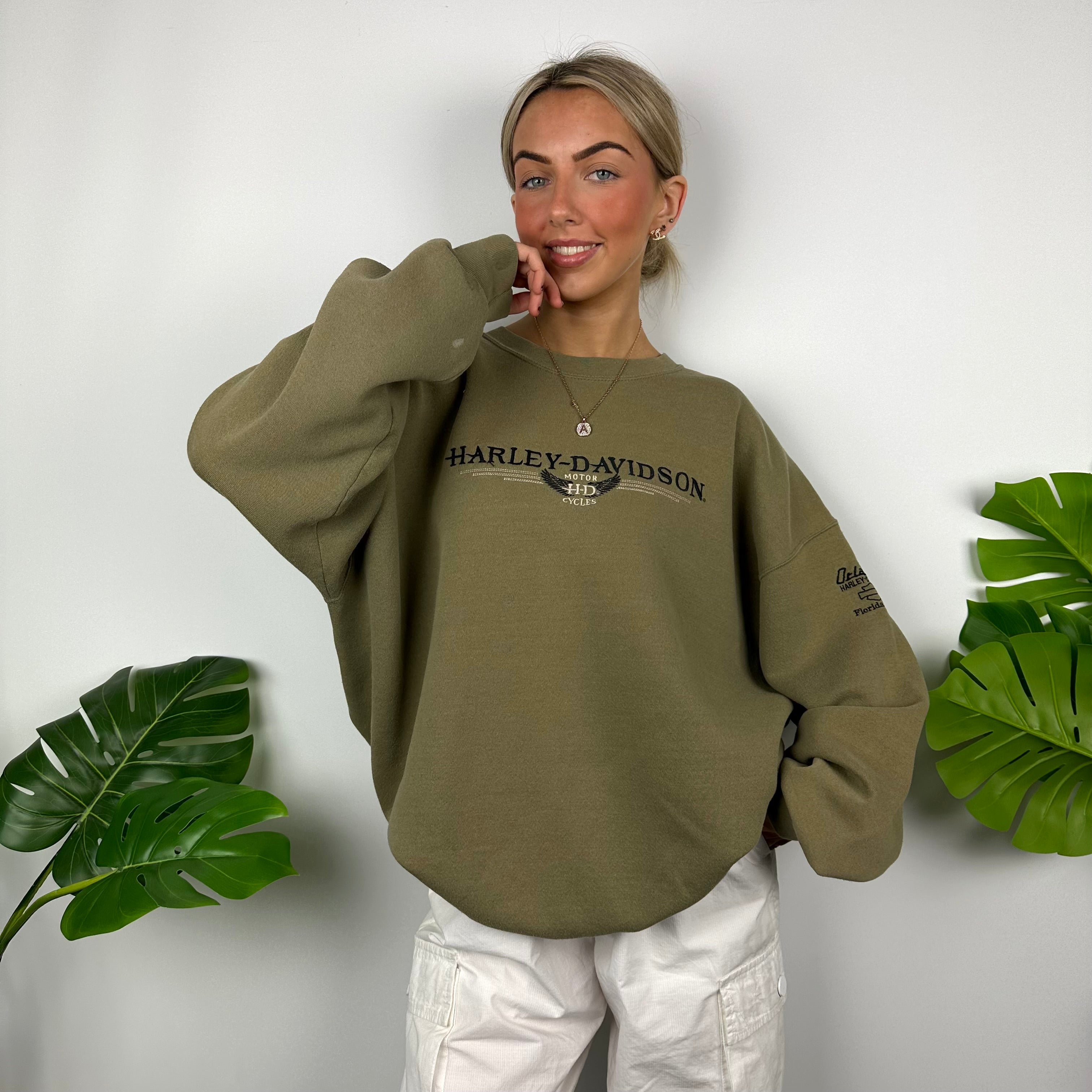 Harley Davidson Khaki Green Embroidered Spell Out Sweatshirt (XL)