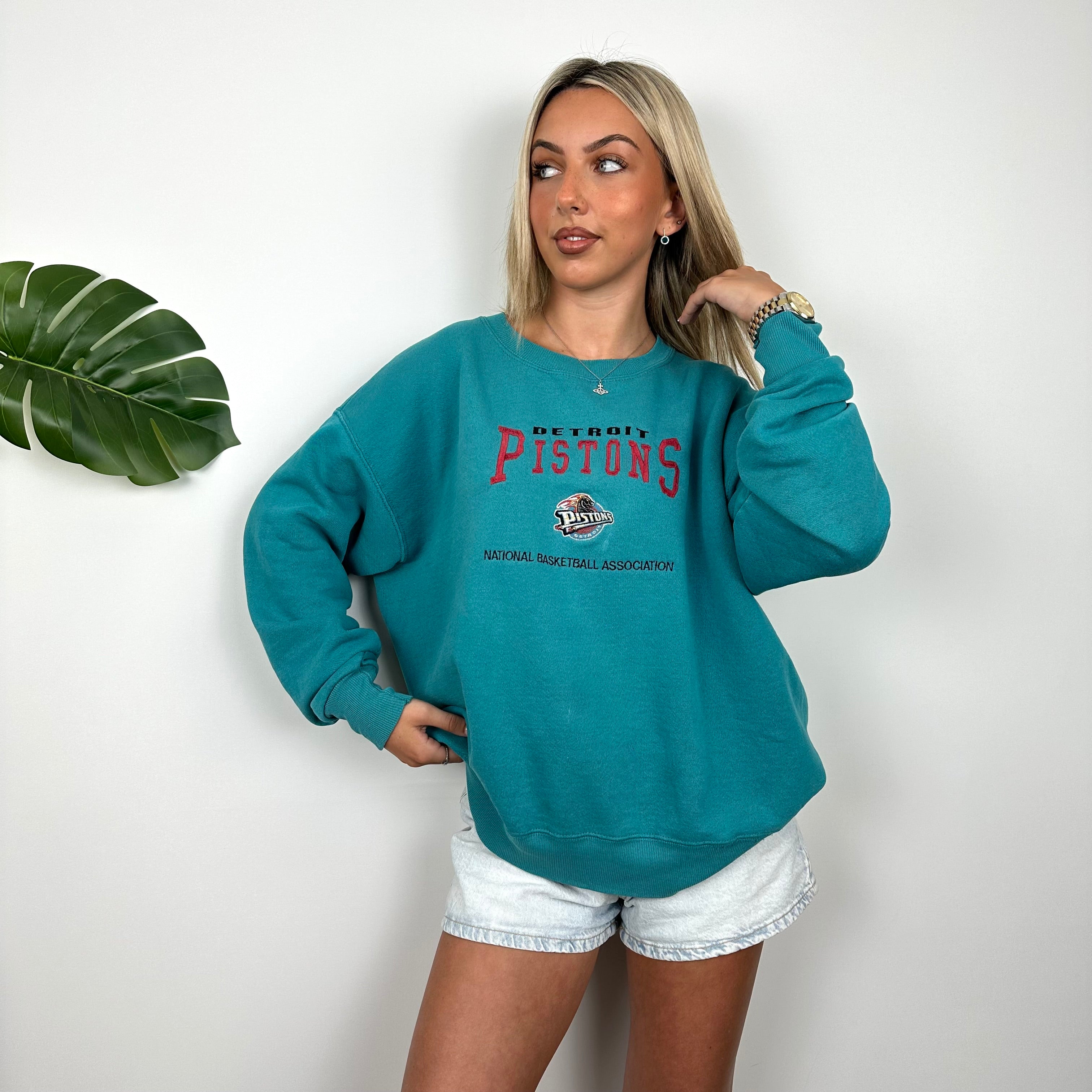 NFL X Detroit Pistons Turquoise Embroidered Spell Out Sweatshirt (L)