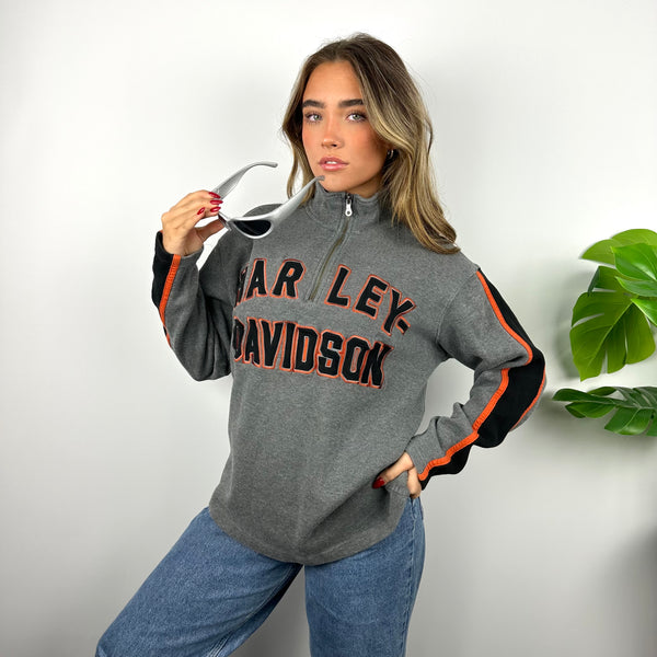 Harley Davidson Grey Embroidered Spell Out Quarter Zip Sweatshirt (S)
