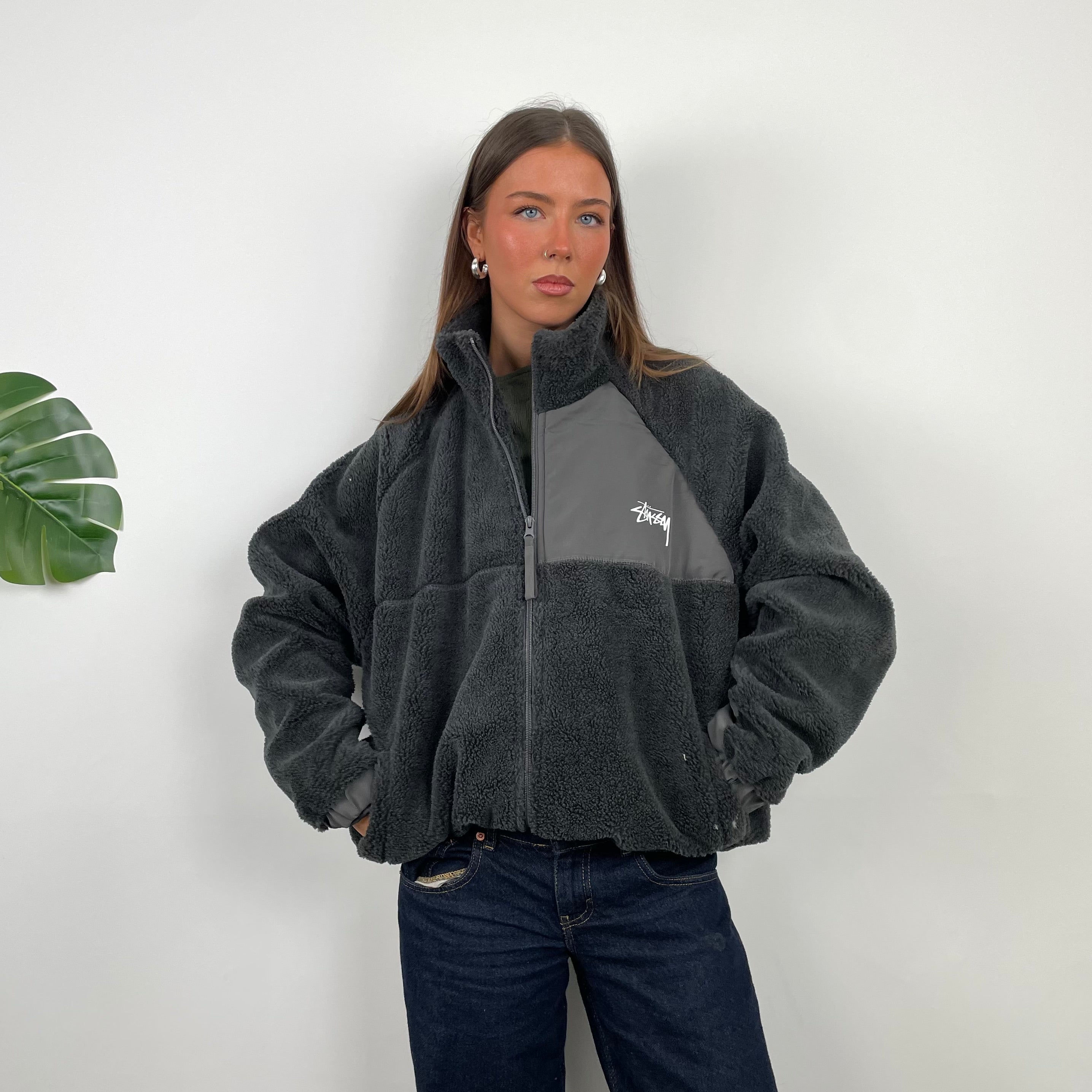 Stussy Black Teddy Bear Sherpa Fleece Zip Up Jacket (M)