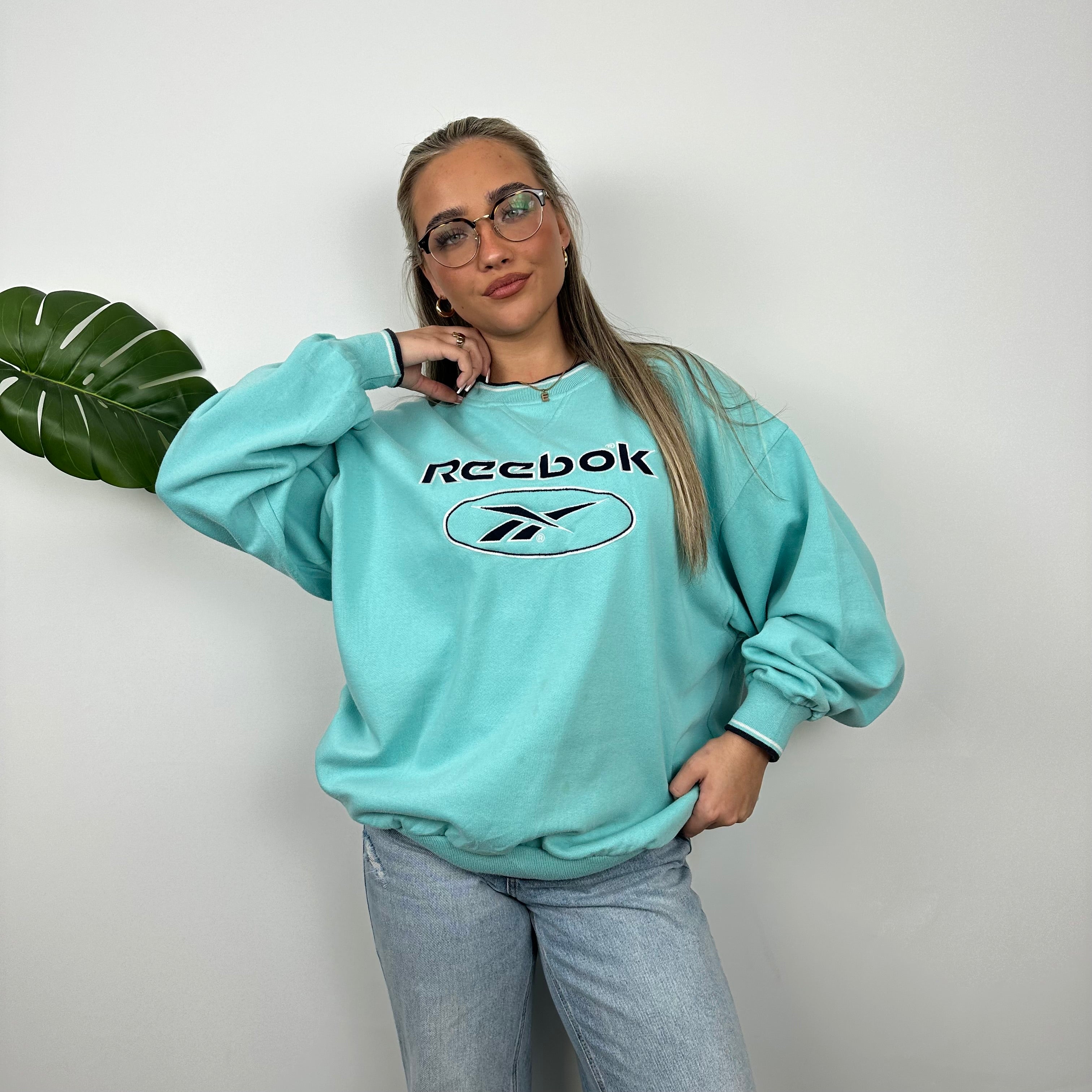 Reebok Turquoise Blue Embroidered Spell Out Sweatshirt (L)