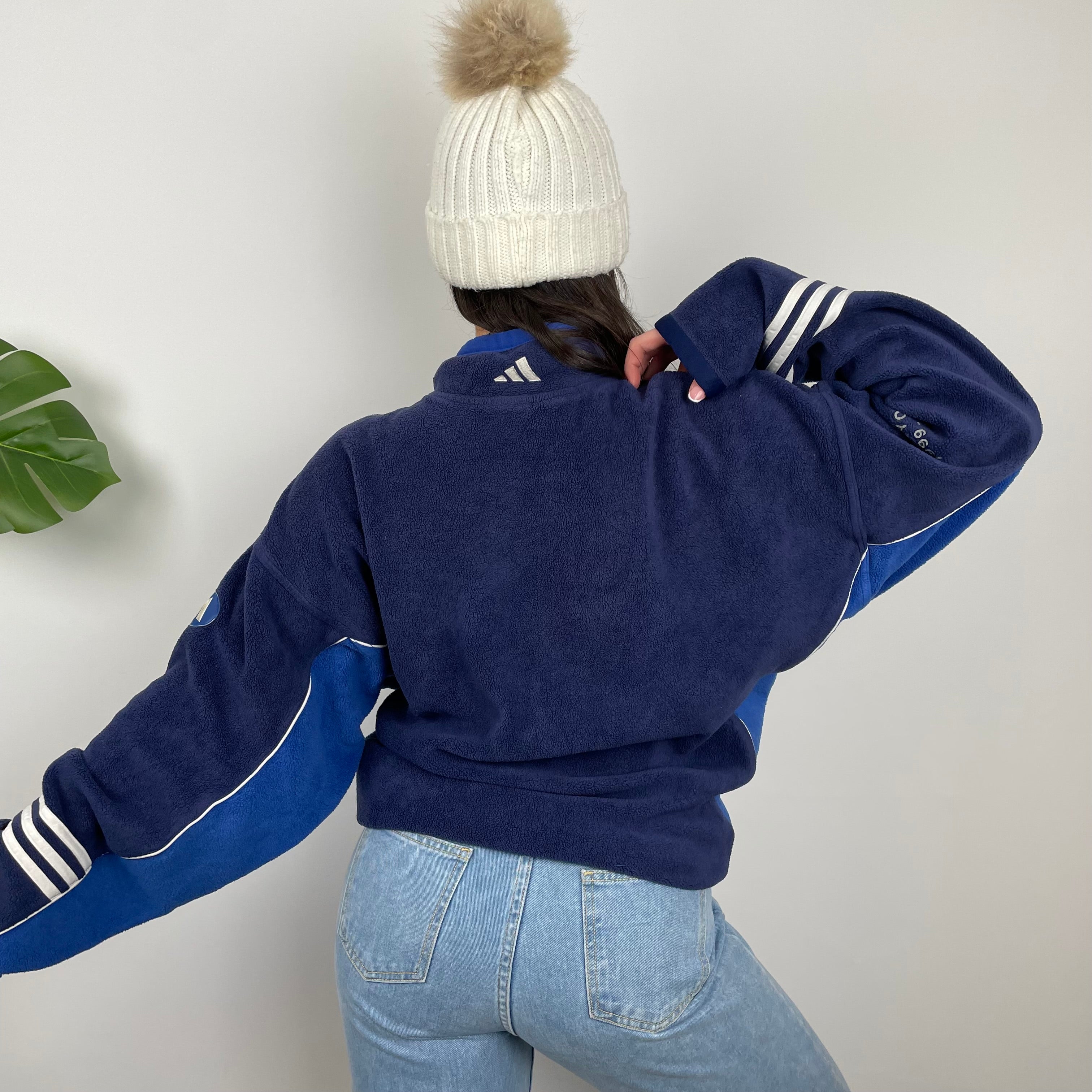 Adidas Navy Embroidered Spell Out Teddy Bear Fleece Quarter Zip Sweatshirt (L)