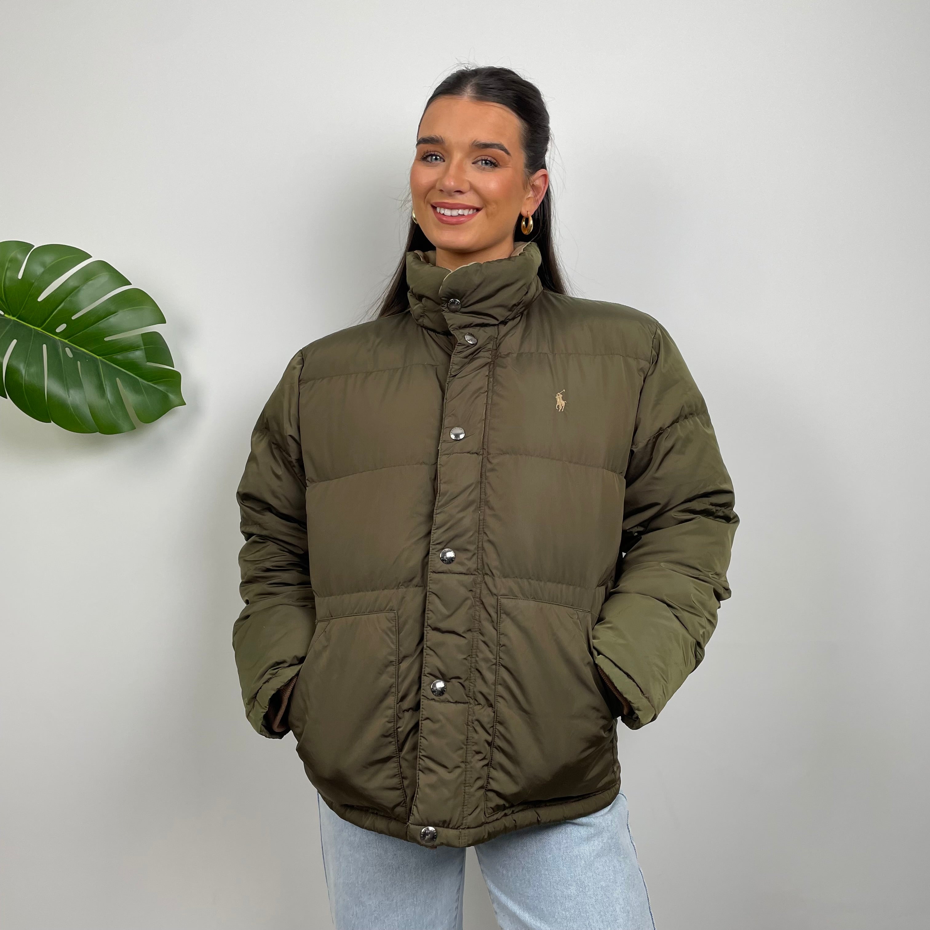 Polo Ralph Lauren Khaki Green Embroidered Logo Puffer Jacket (M)