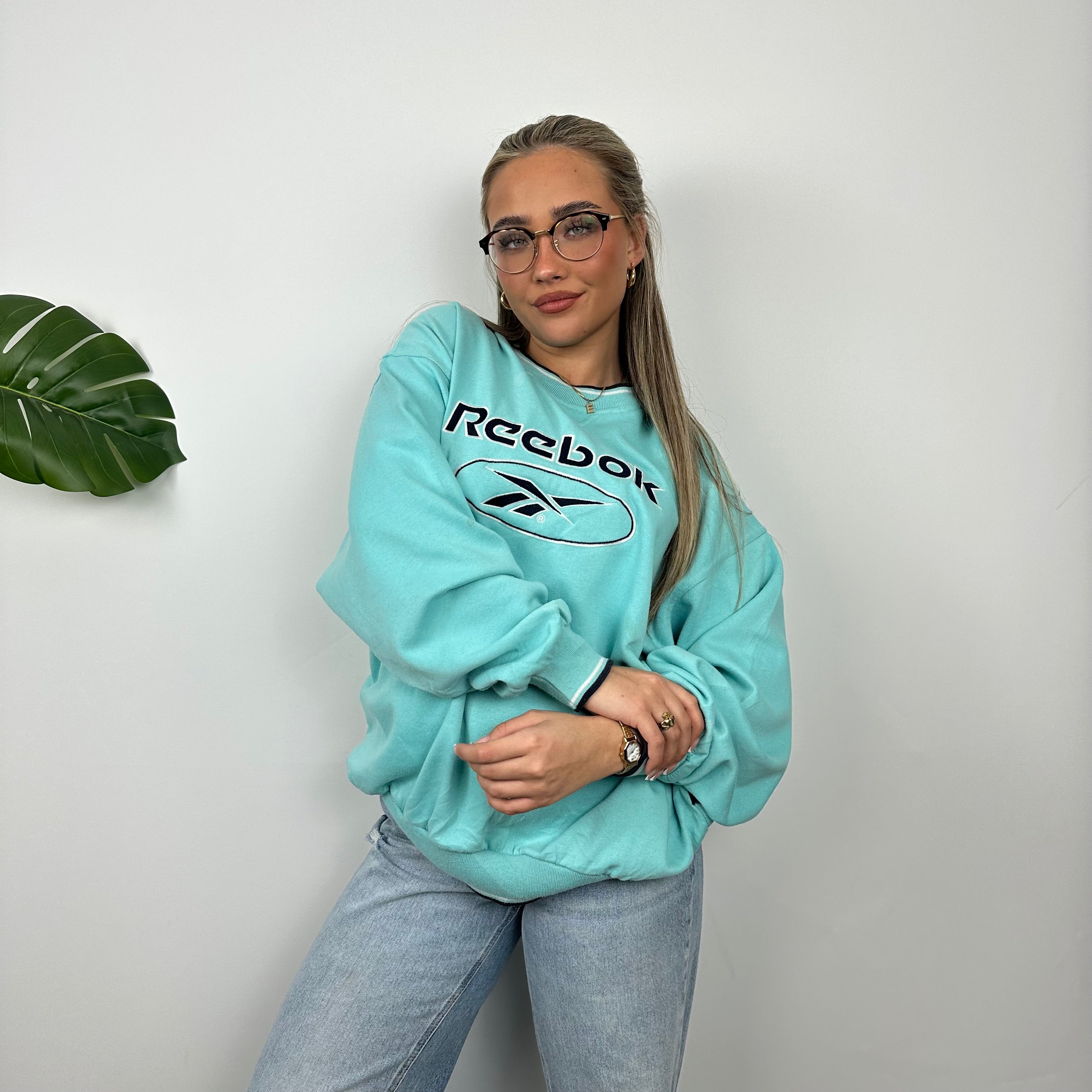 Reebok Turquoise Blue Embroidered Spell Out Sweatshirt (L)