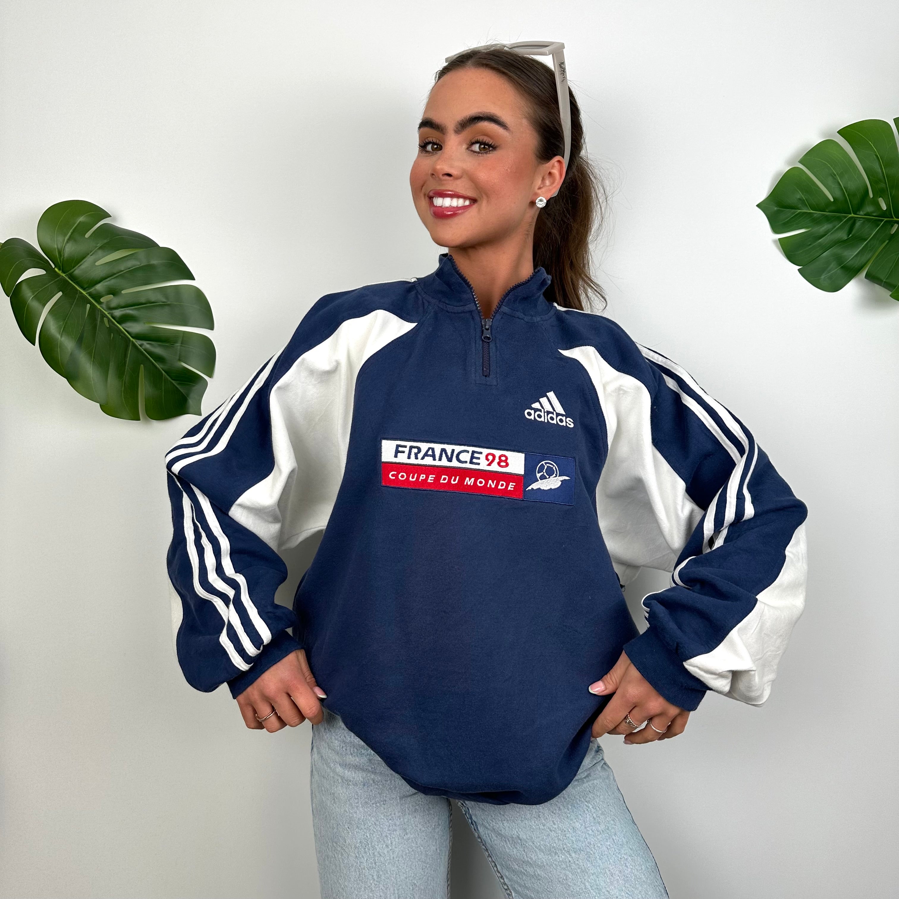 Adidas x Football World Cup France 1998 RARE Navy Embroidered Spell Out Quarter Zip Sweatshirt (M)