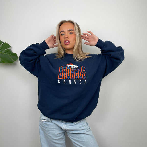 NFL Denver Broncos Navy Embroidered Spell Out Sweatshirt (L)