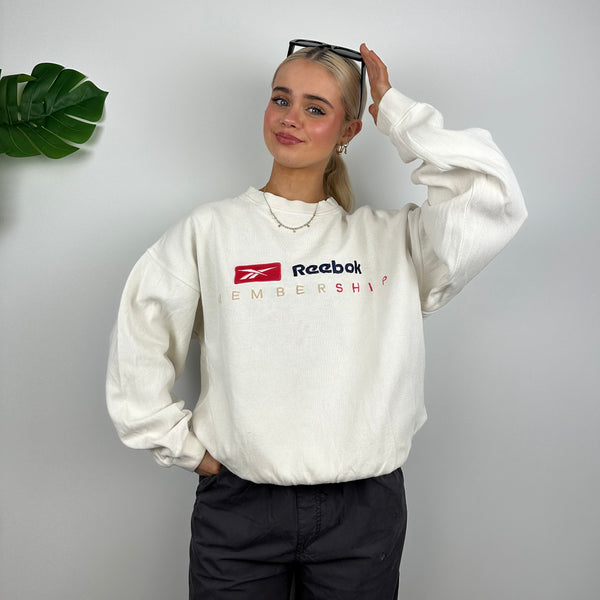 Reebok Membership RARE White Embroidered Spell Out Sweatshirt (M)