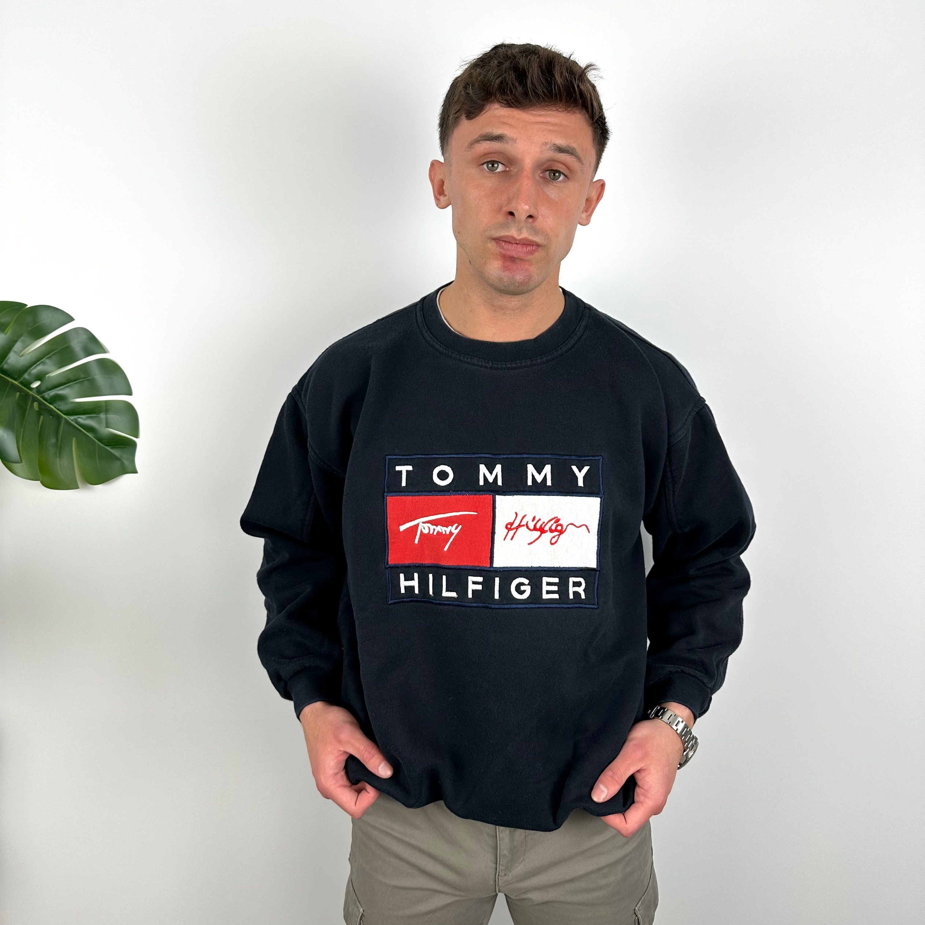 Tommy Hilfiger RARE Navy Embroidered Spell Out Sweatshirt (L)