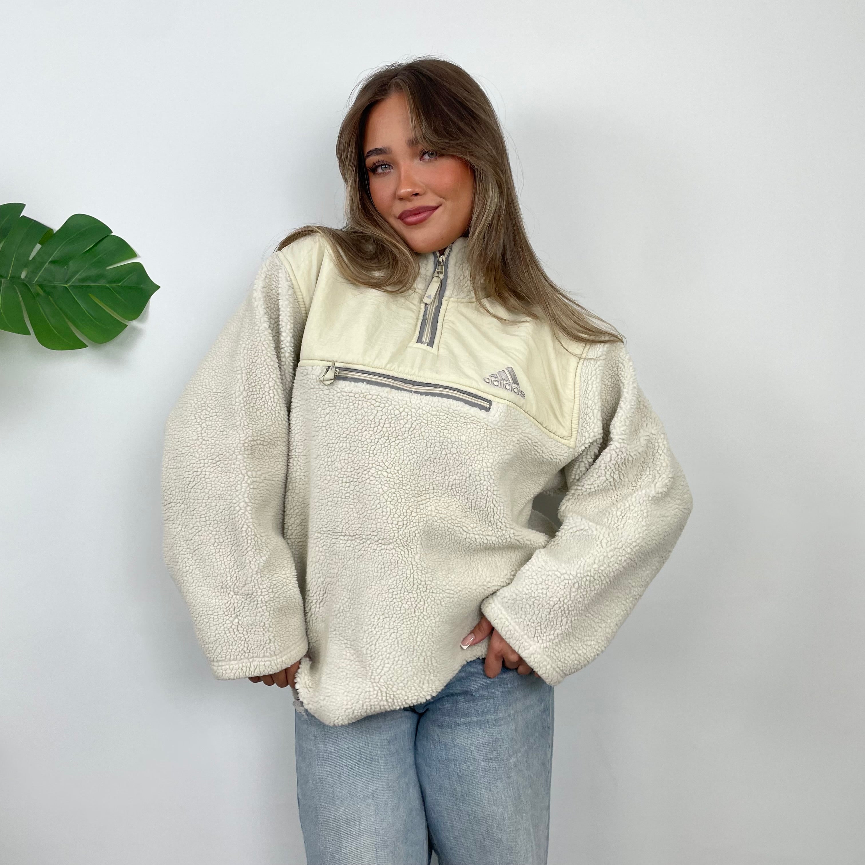 Adidas Cream Embroidered Spell Out Teddy Bear Sherpa Fleece Quarter Zip Sweatshirt (L)